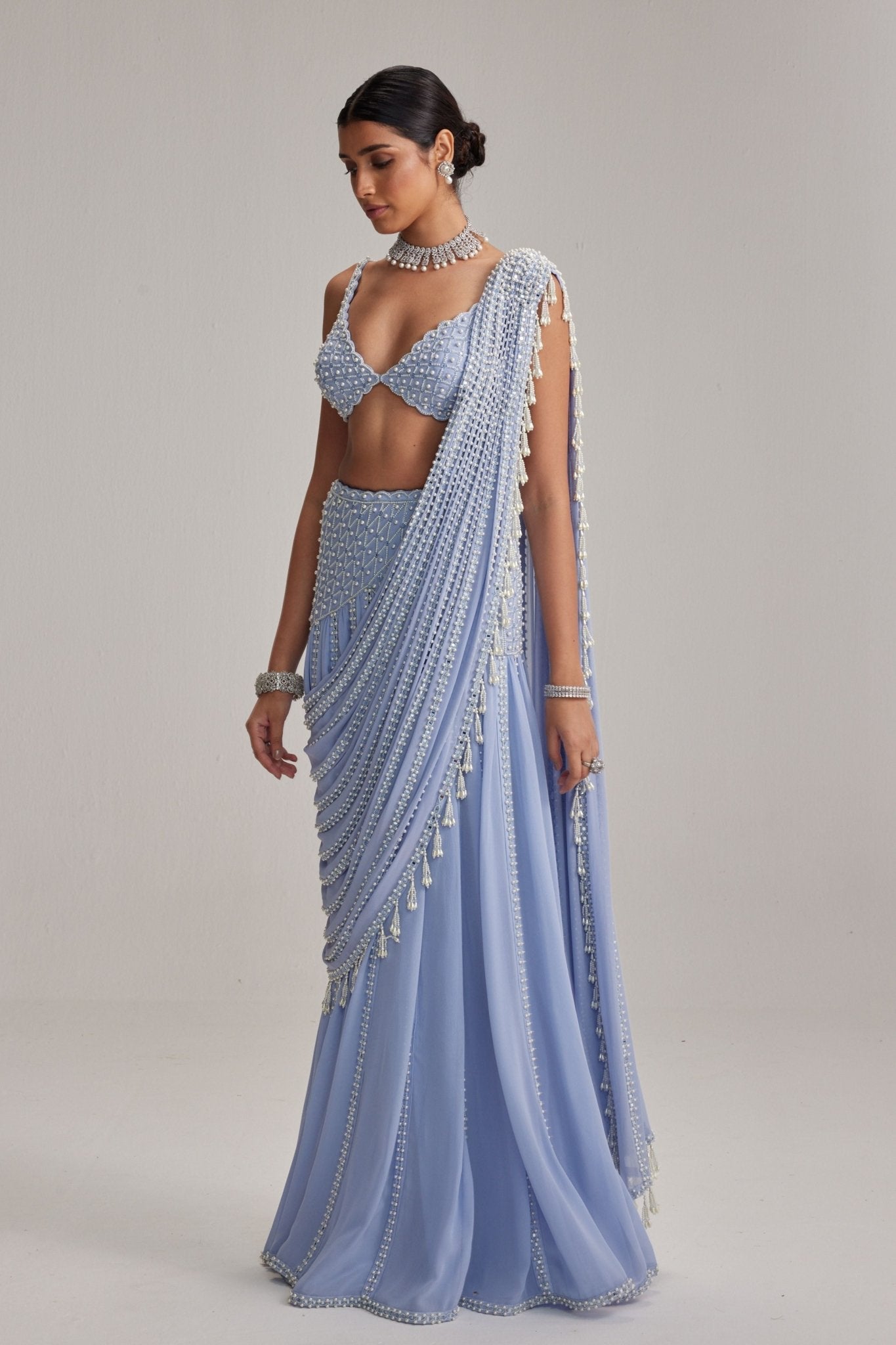 Dew Blue Embroidered Draped Saree Set - Vvani by Vani Vats - Elahe