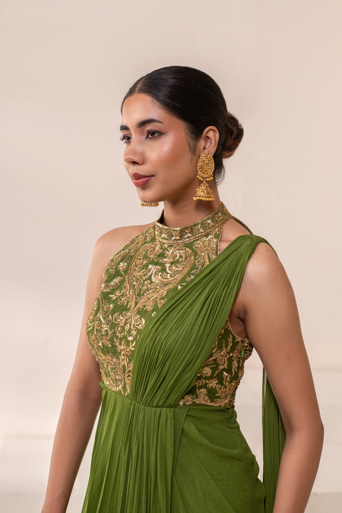 Olive Green  Embellished  Drape Saree