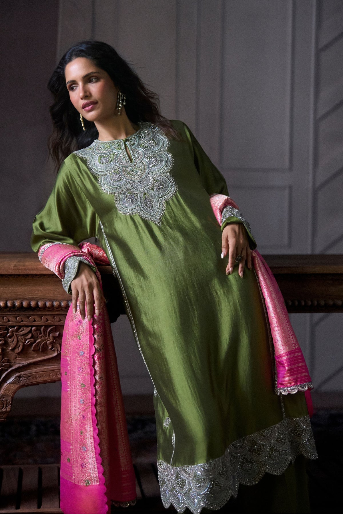 Olive Green Embroidered Kurta Set