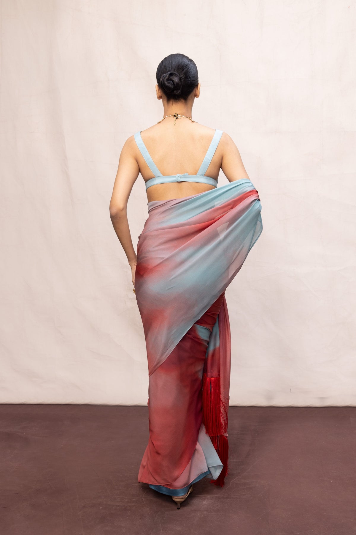 Coral Red & Blue Ombre Saree