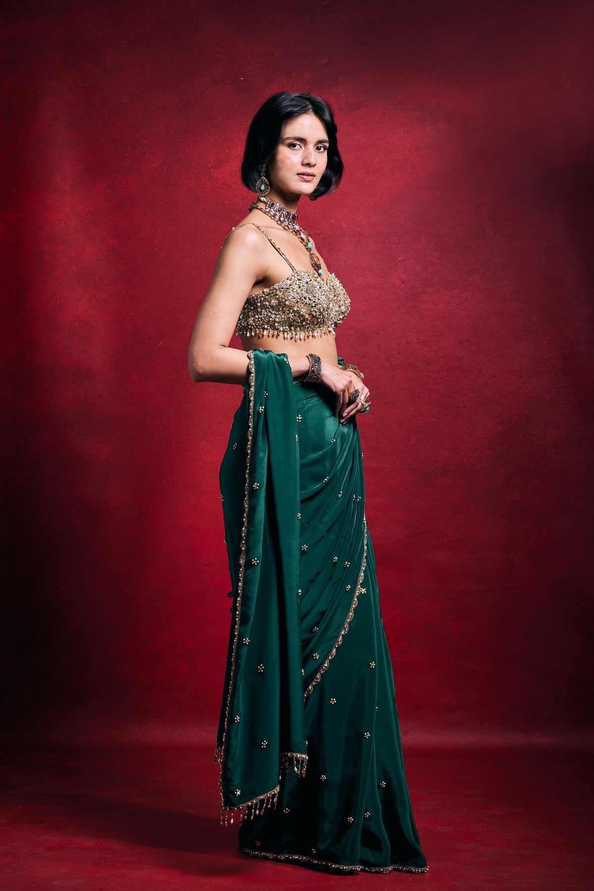 Emerald Green Crepe Saree Set