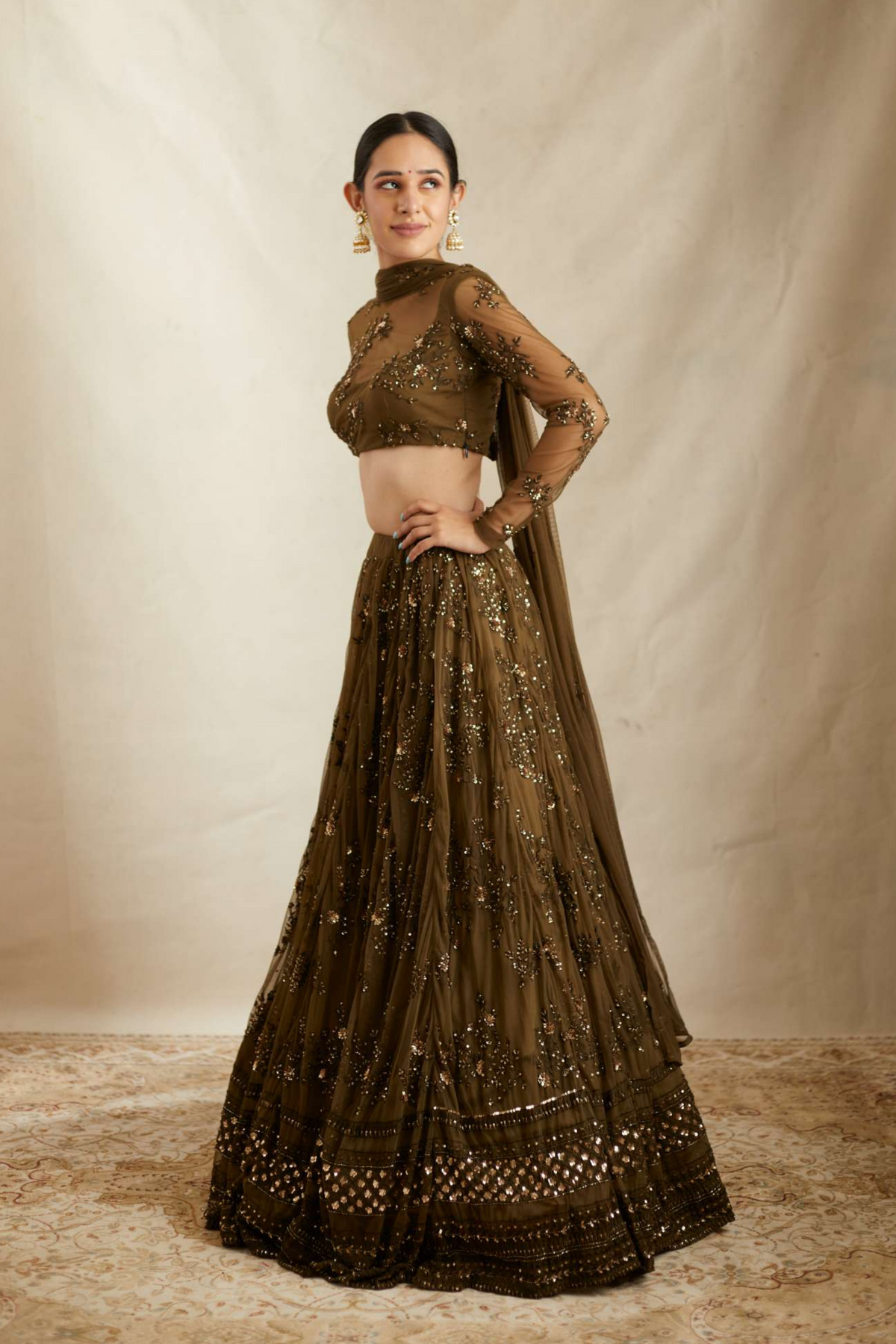 Green Thread Work Lehenga Set