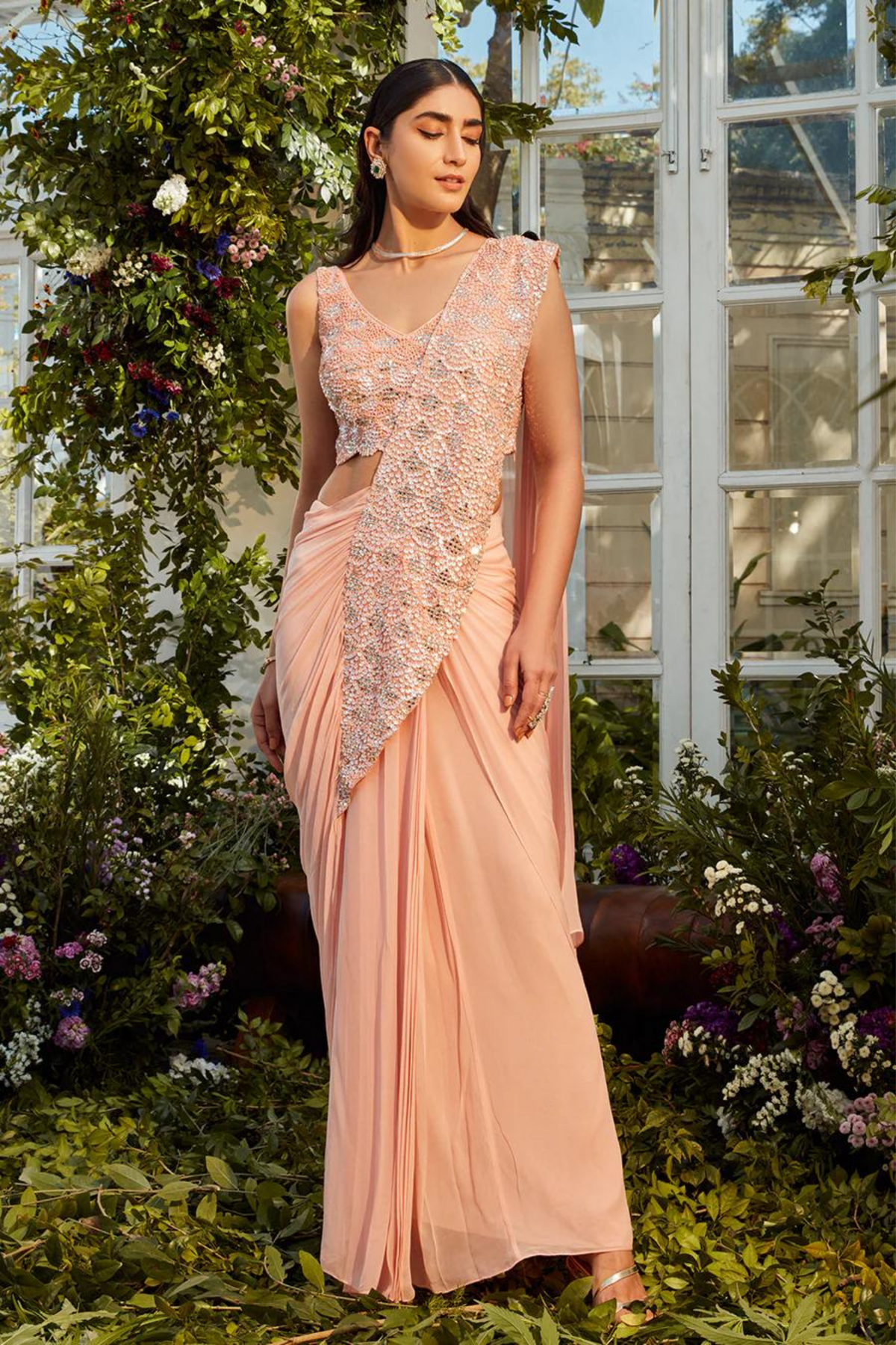 Peach pre draped saree