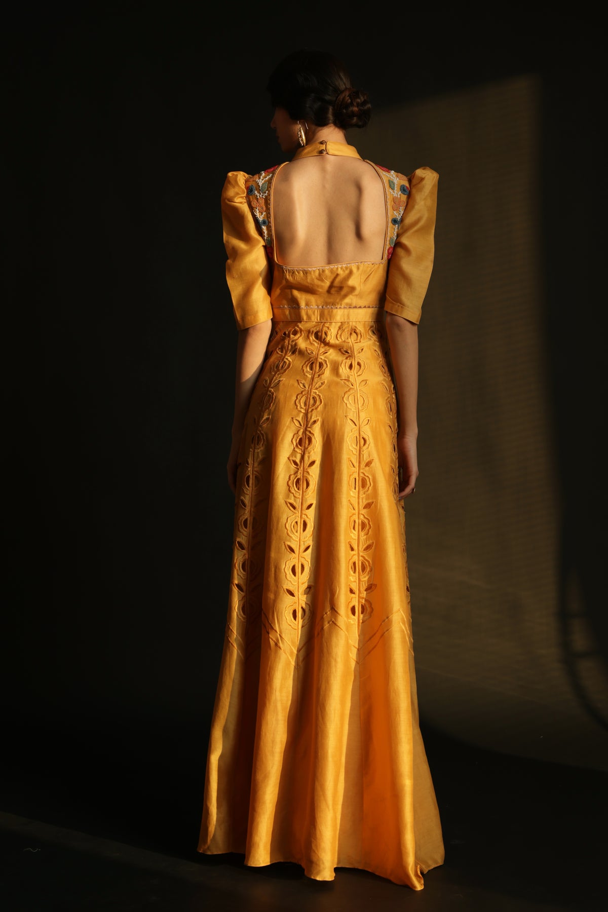 Yellow chanderi embroidered maxi dress