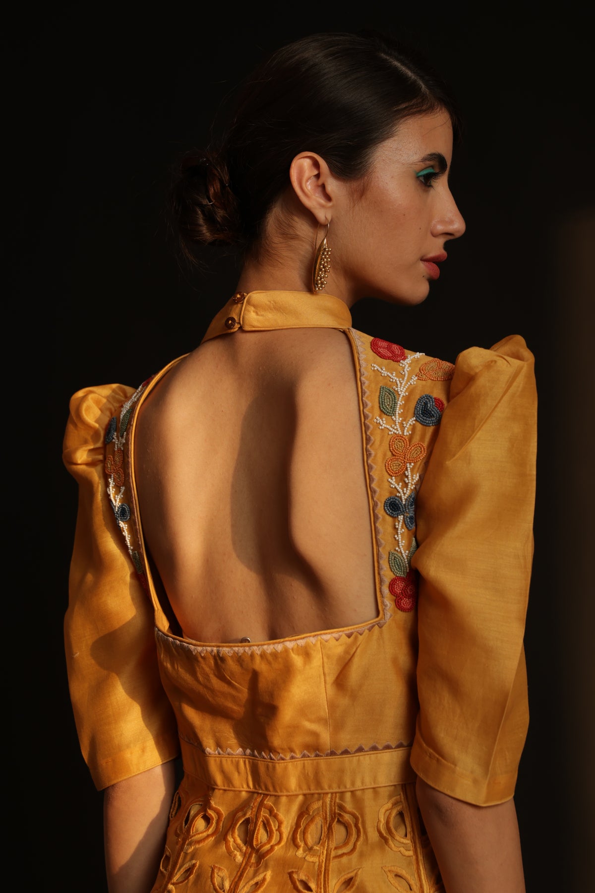 Yellow chanderi embroidered maxi dress