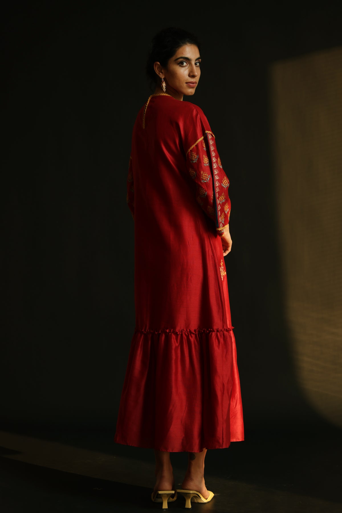 Red gathered chanderi dress with yoke detail
