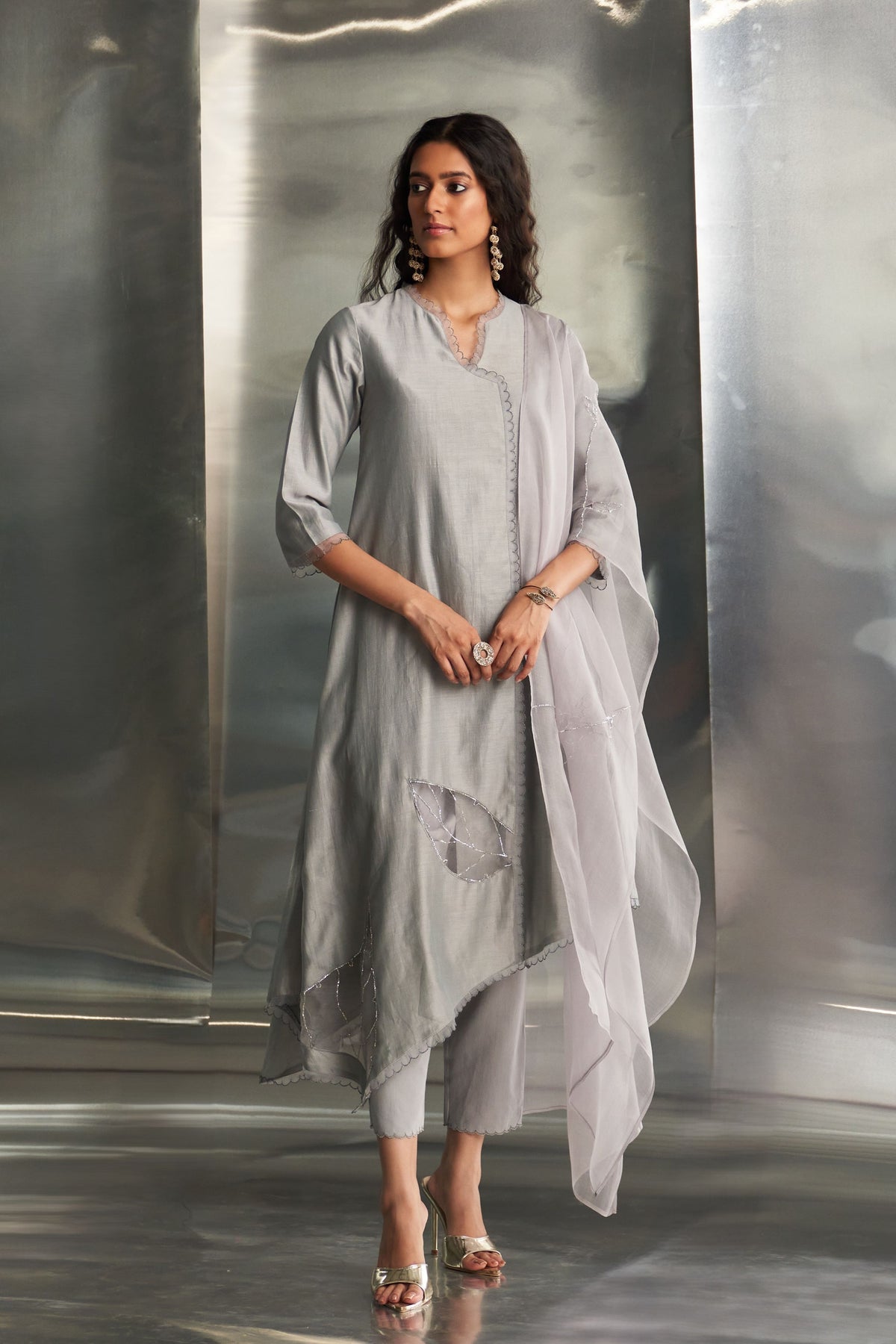 Steel Grey Asymmetrical Kurta Set