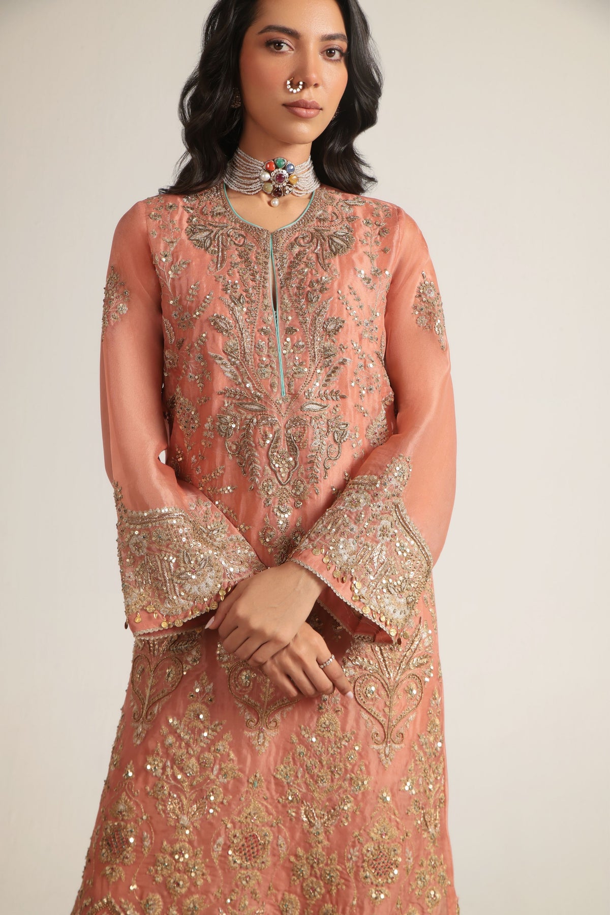 Peach Heavy Jaal Kaftan Set