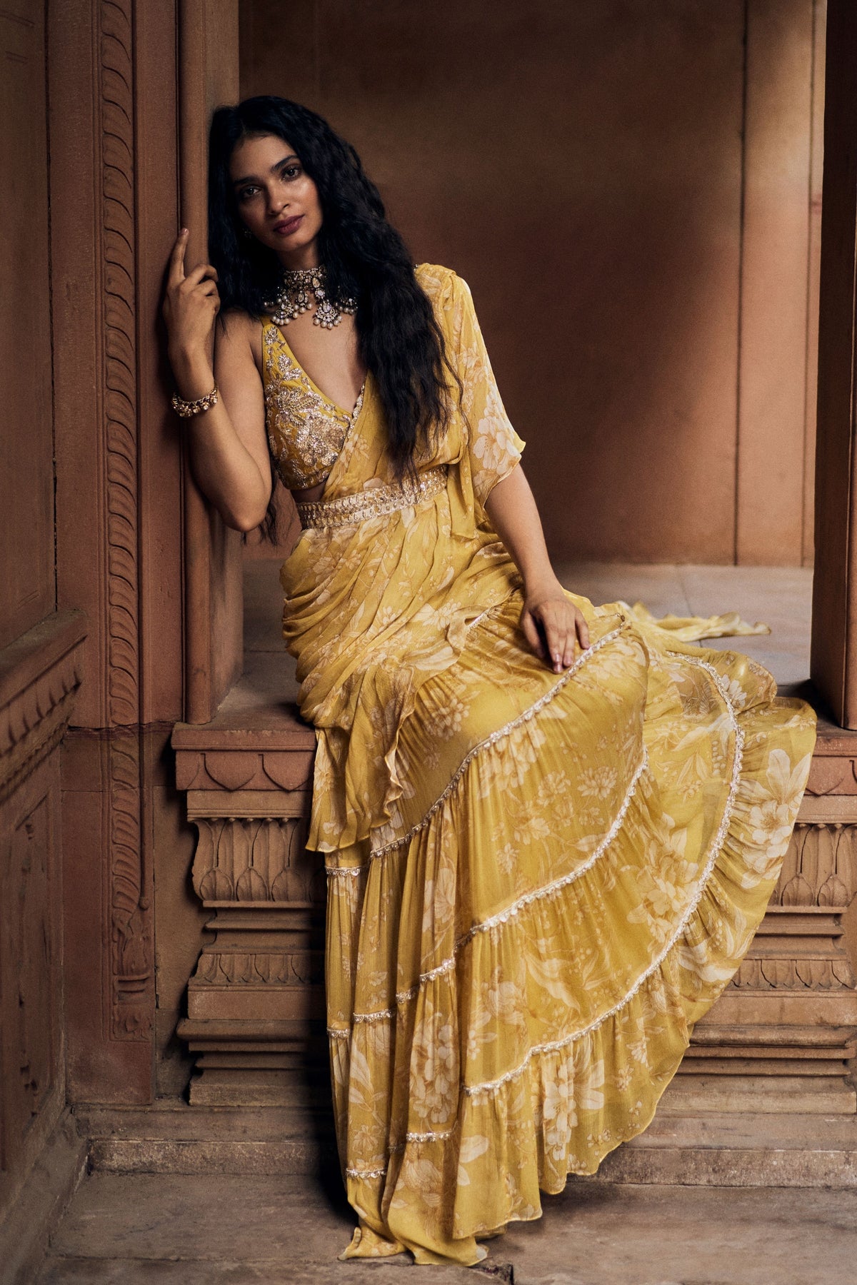 Vintage Floral Printed Saree Set