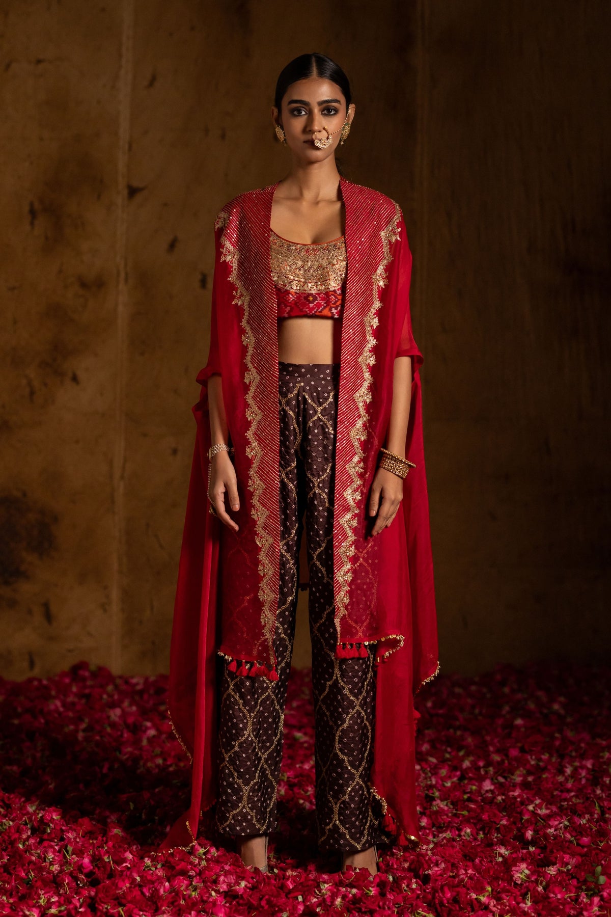 Rust Patola Bandhani Cape Set