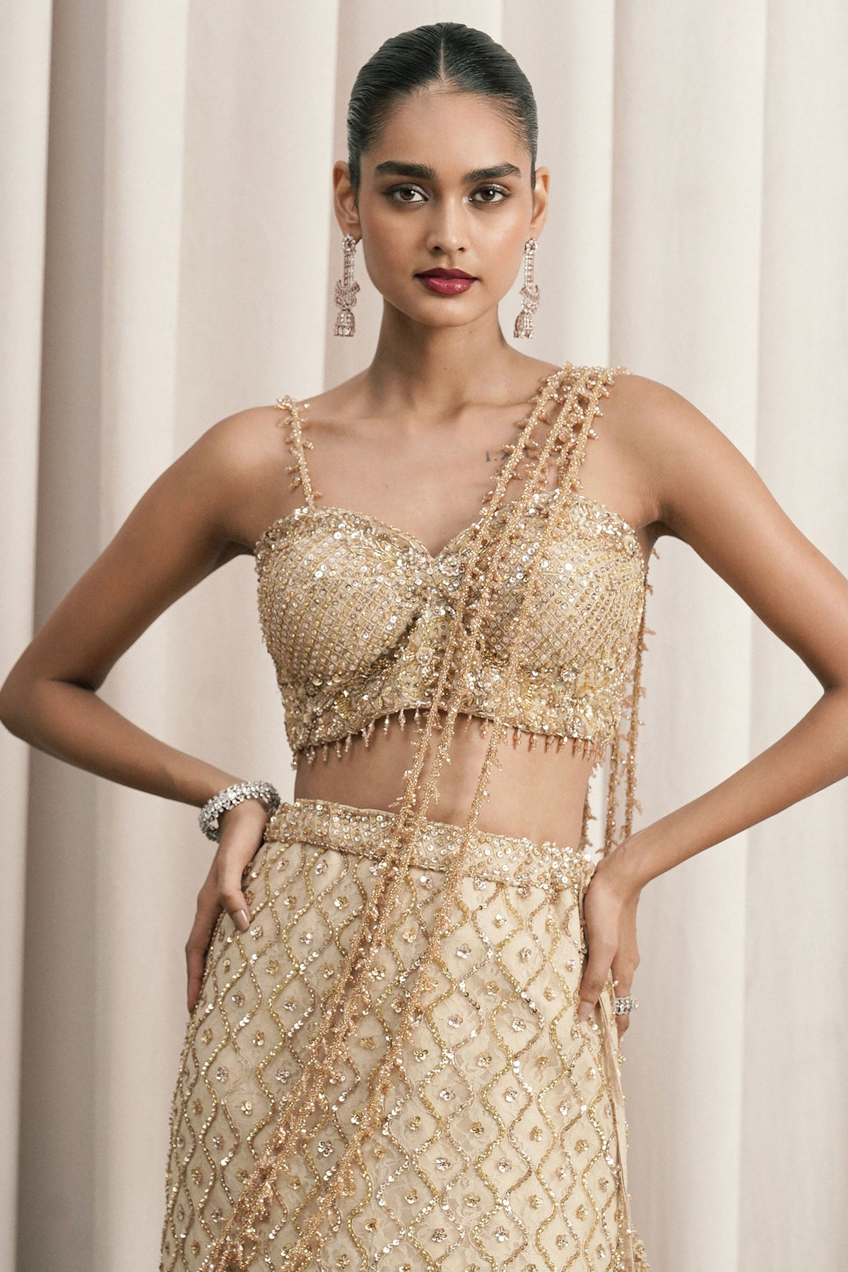 Beige Sequin Embellished Lehenga Set
