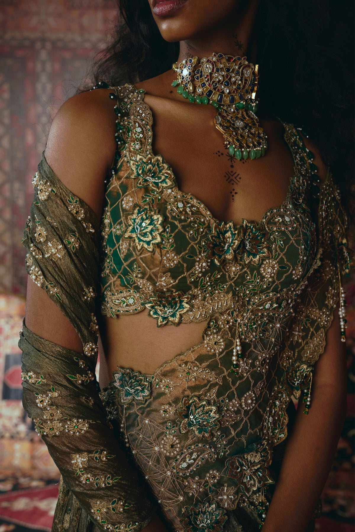 Emerald Green Drape Saree Set