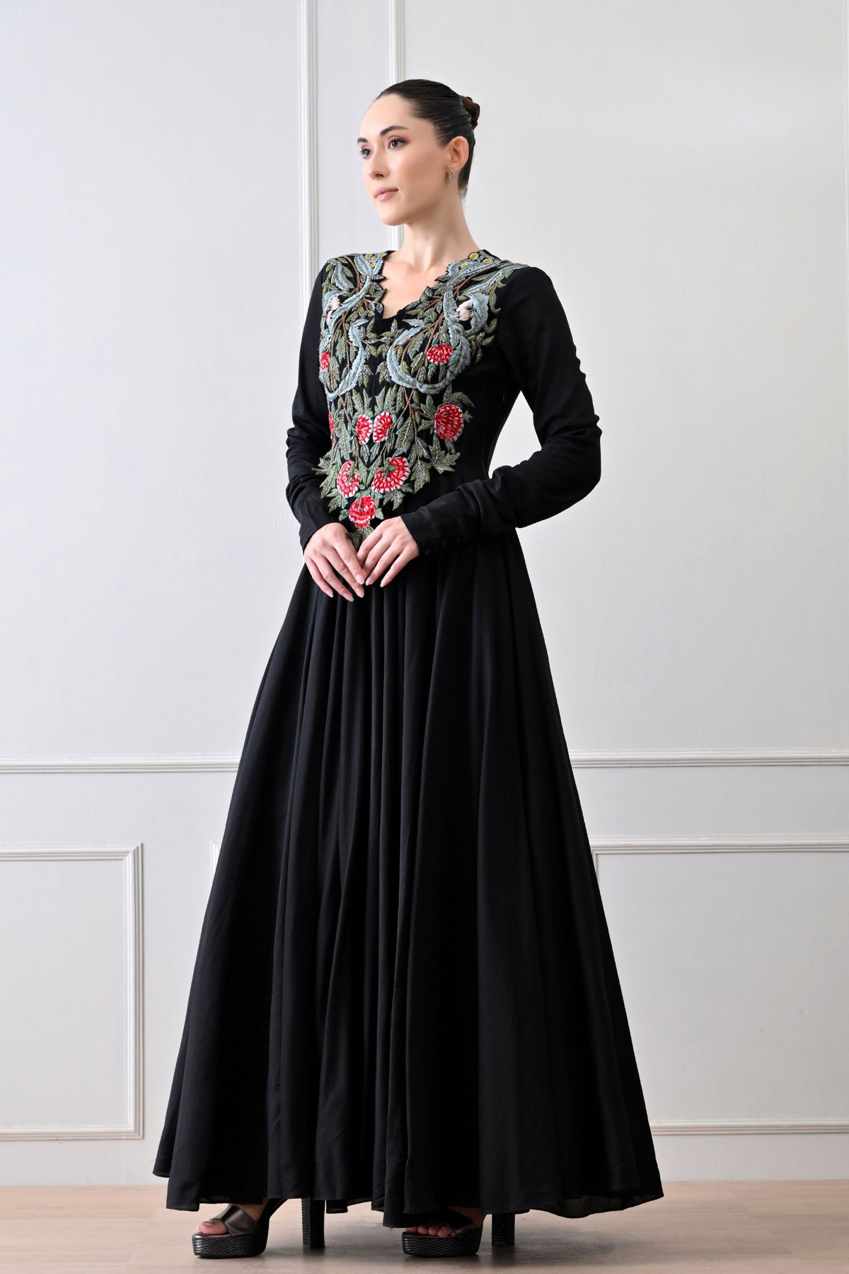 Black V-neck Embroidered Anarkali