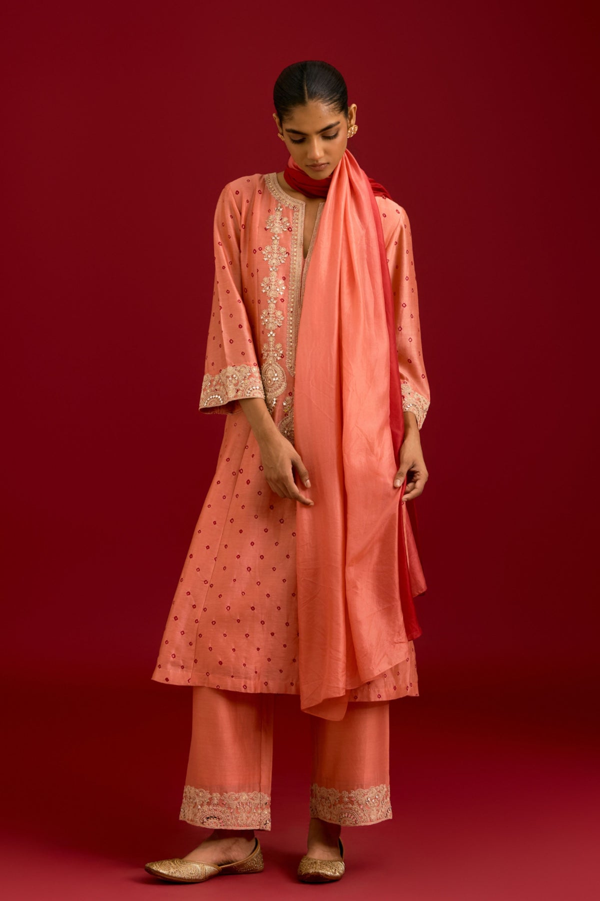 Peach Bhandhej Kurta Set