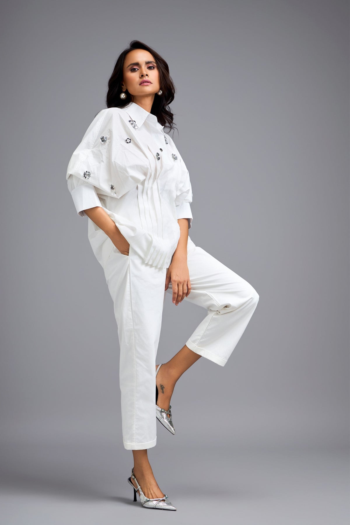Embellished Button Down White Co-ord Set