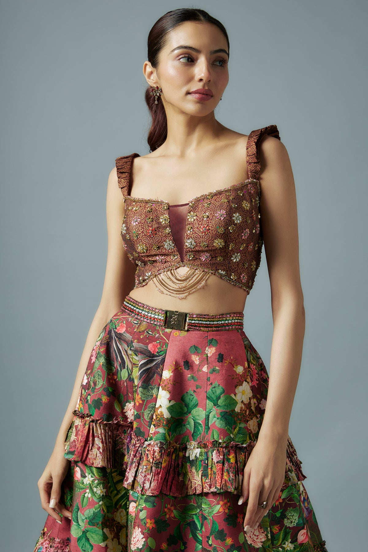 Maroon Botanical Printed Lehenga Set