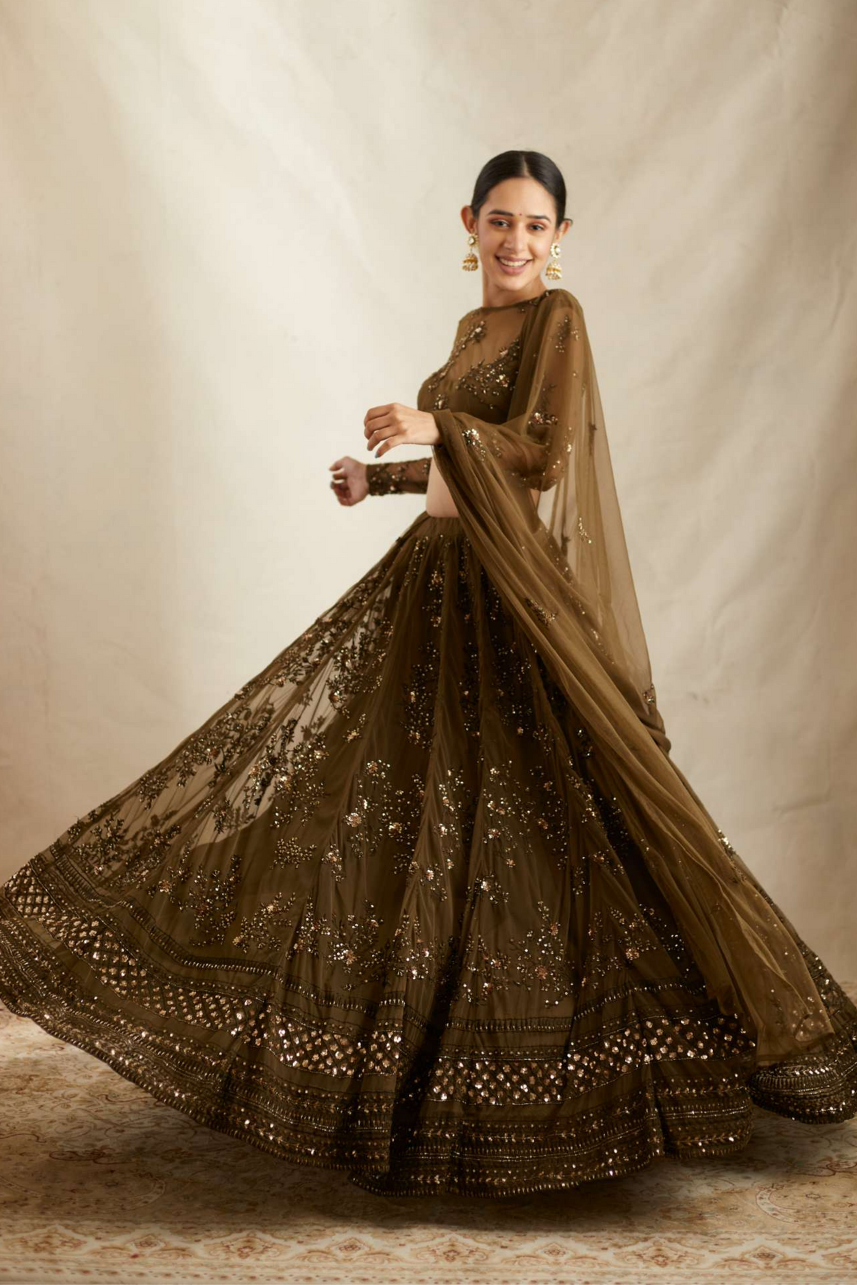 Green Thread Work Lehenga Set