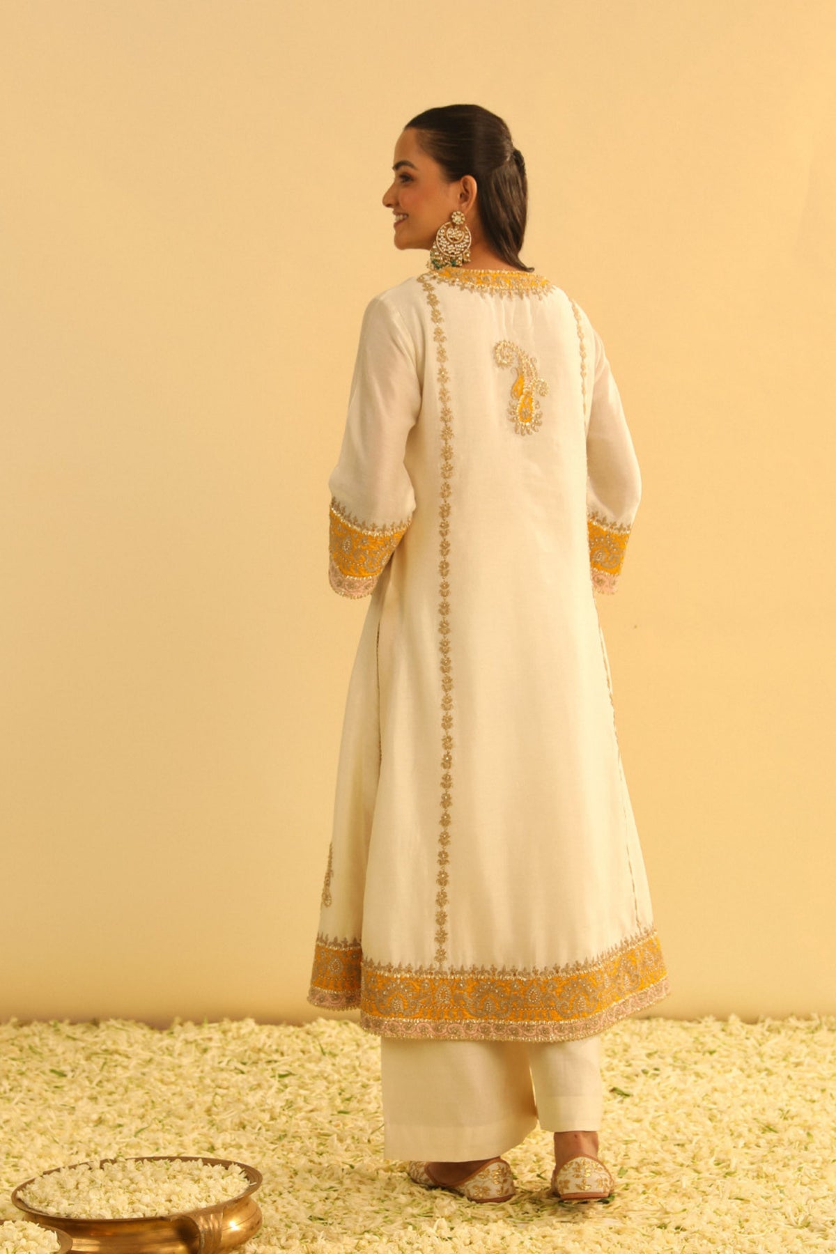 Asmira Ivory Long Kurta With Palazzo &amp; Dupatta