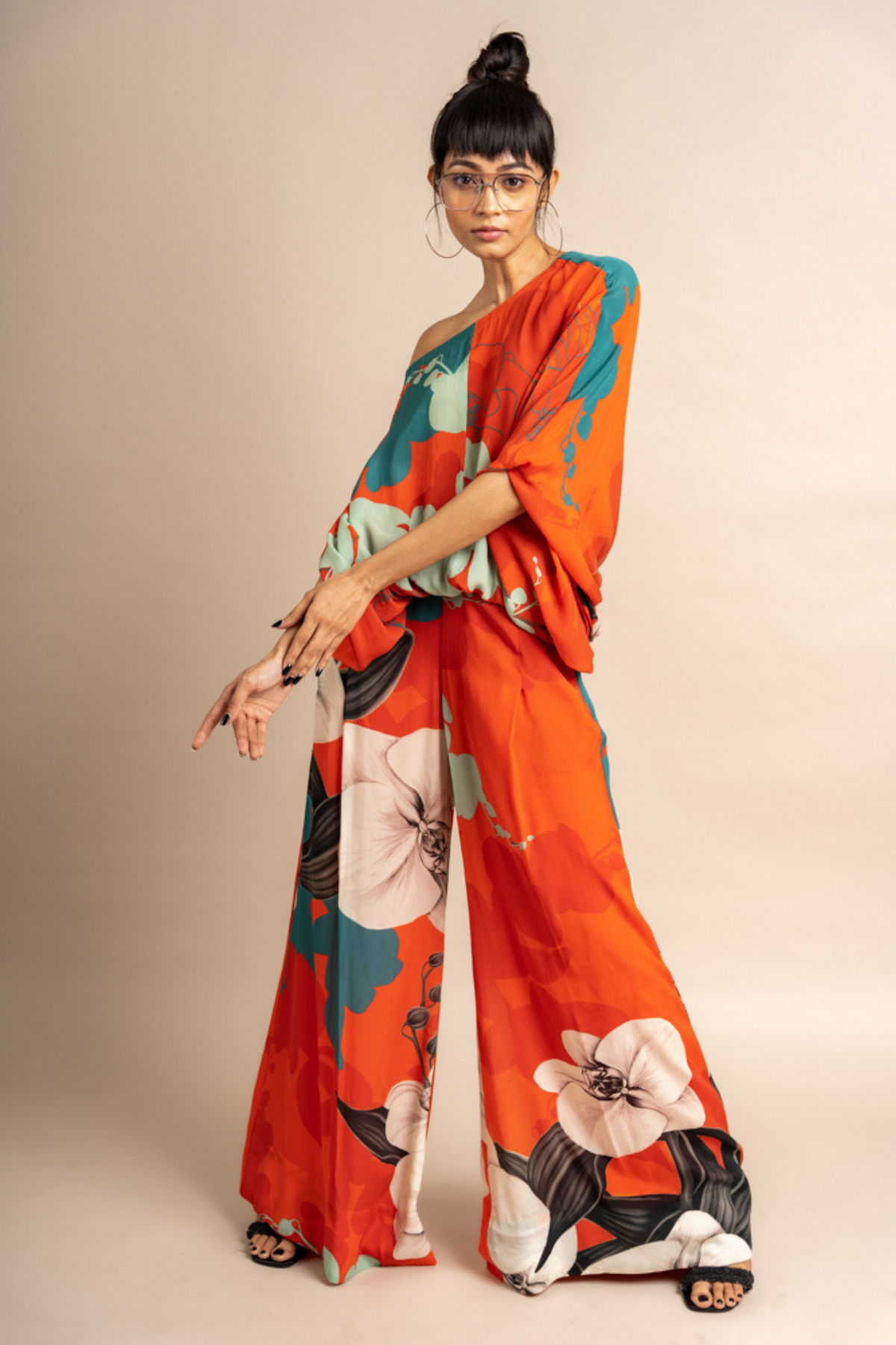 Tangerine Print Crepe Off Shoulder