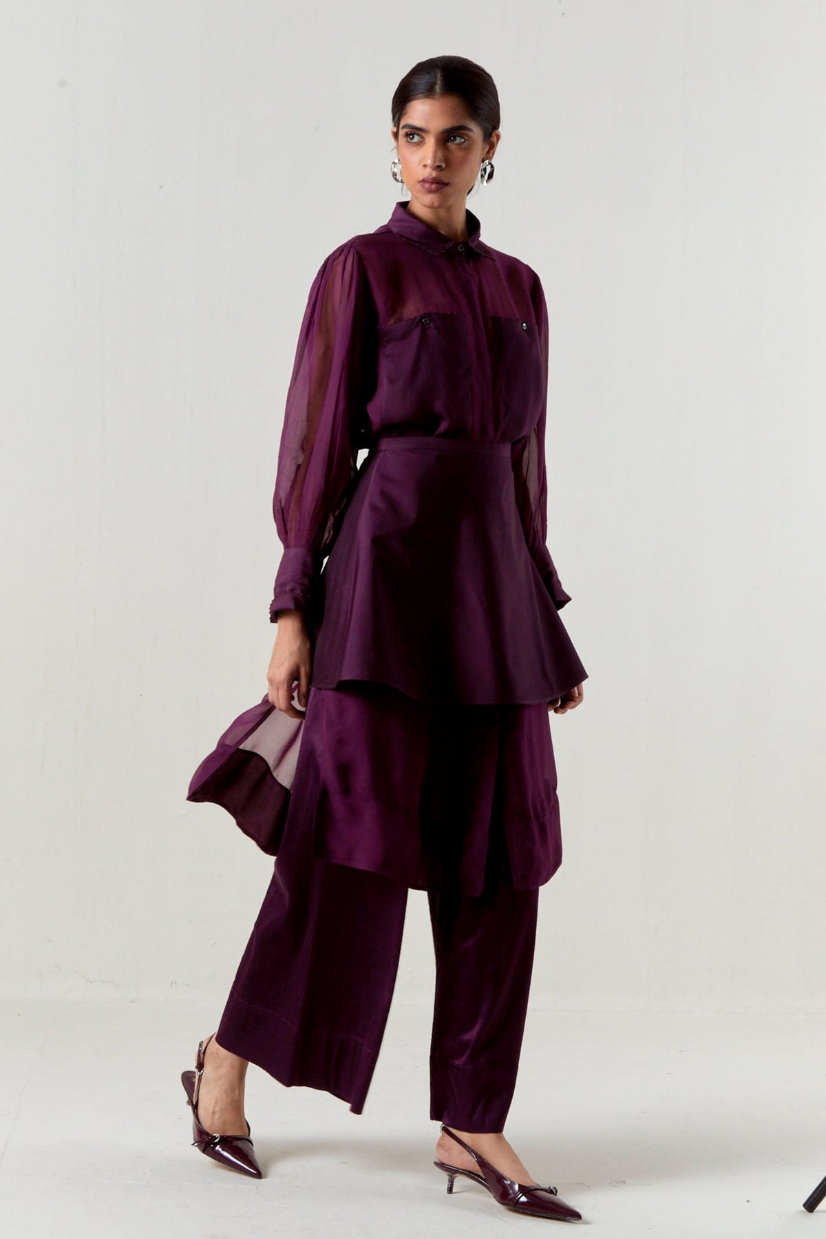Beaded Collar Sheer Shirt Set