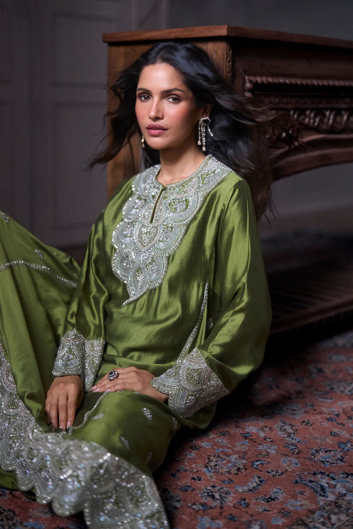 Olive Green Embroidered Kurta Set