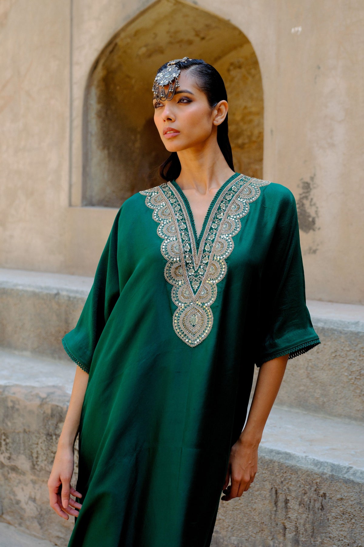 Embroidery Kaftan in Emerald Green
