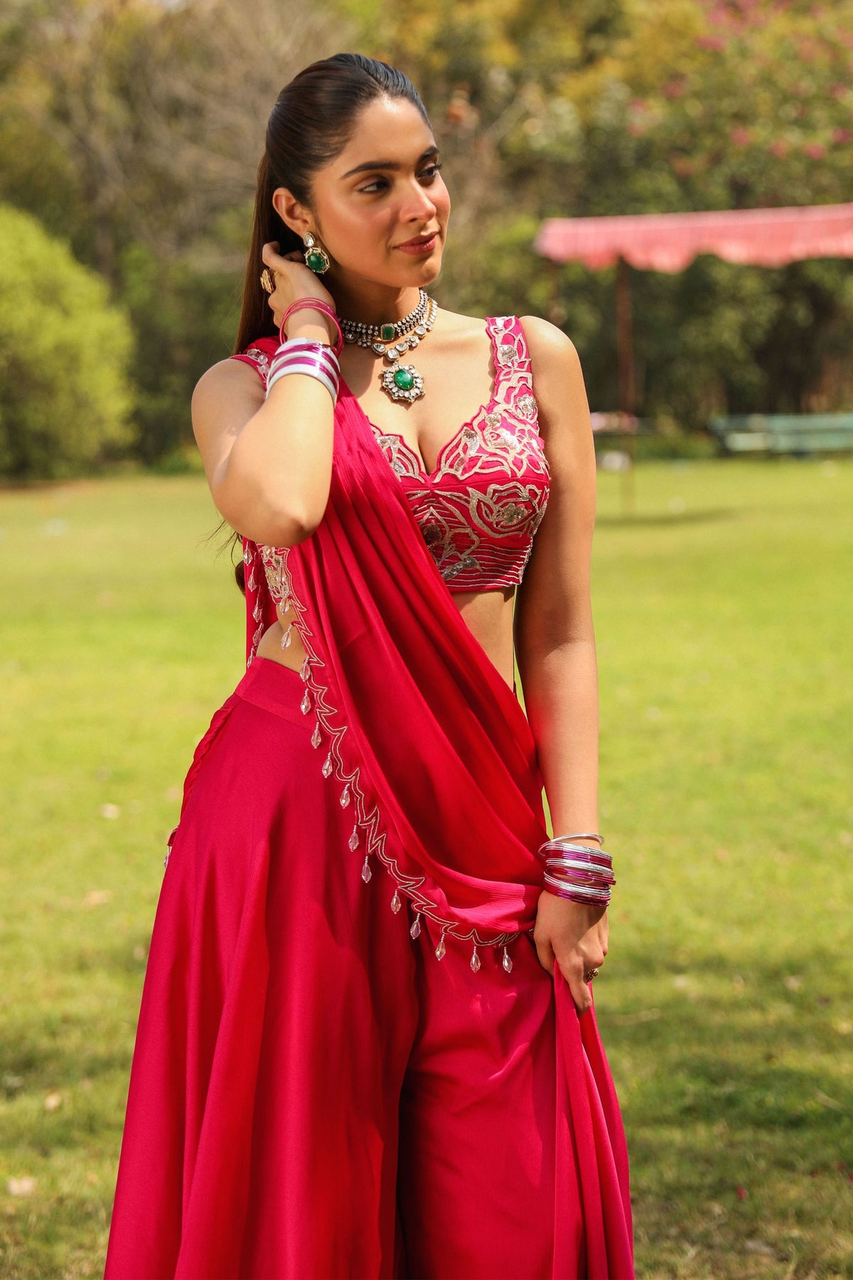 Karishma Rani Pink Drape Saree