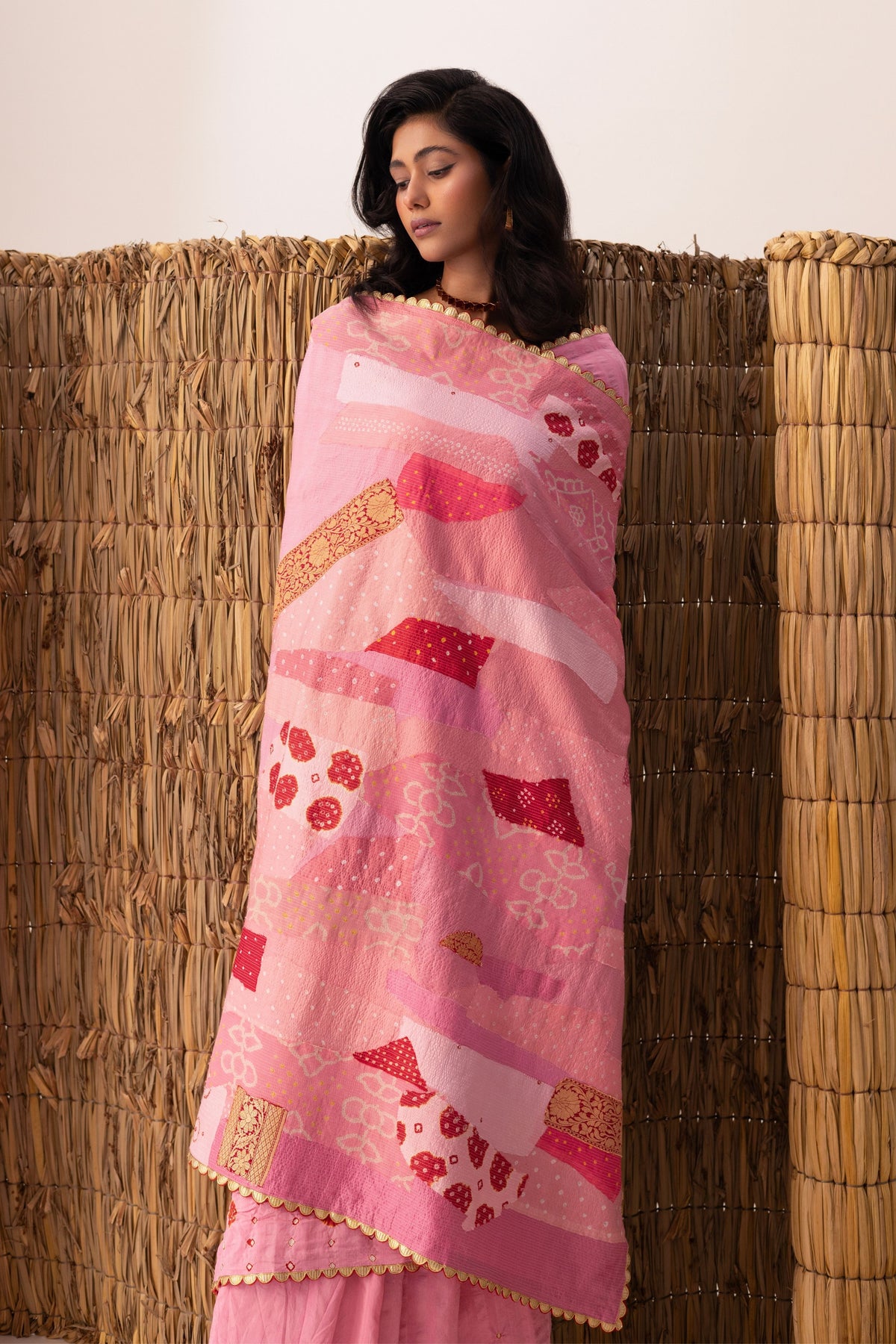 Pink Patchwork Bandhani Saree set