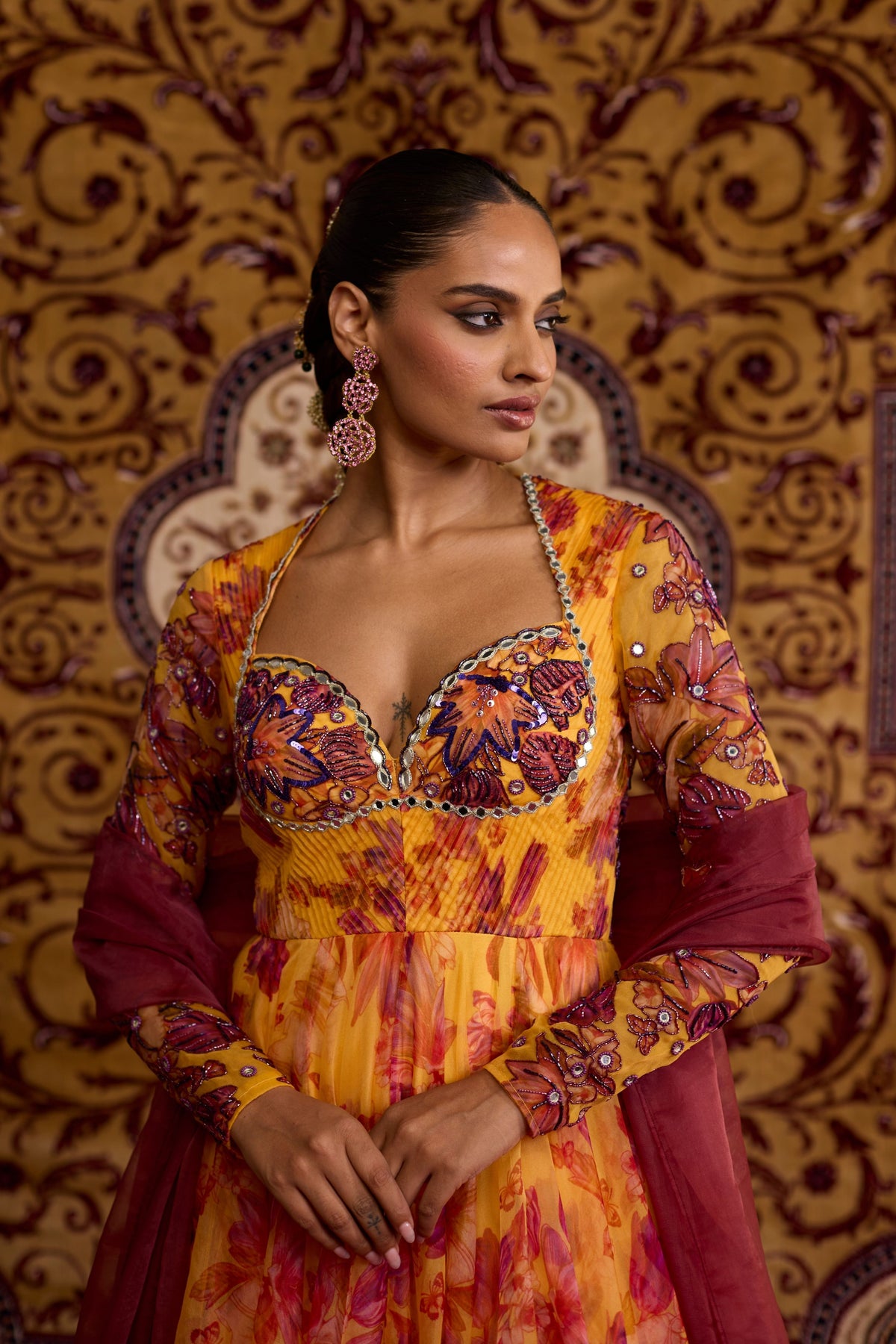 Yellow Floral Organza Anarkali Set
