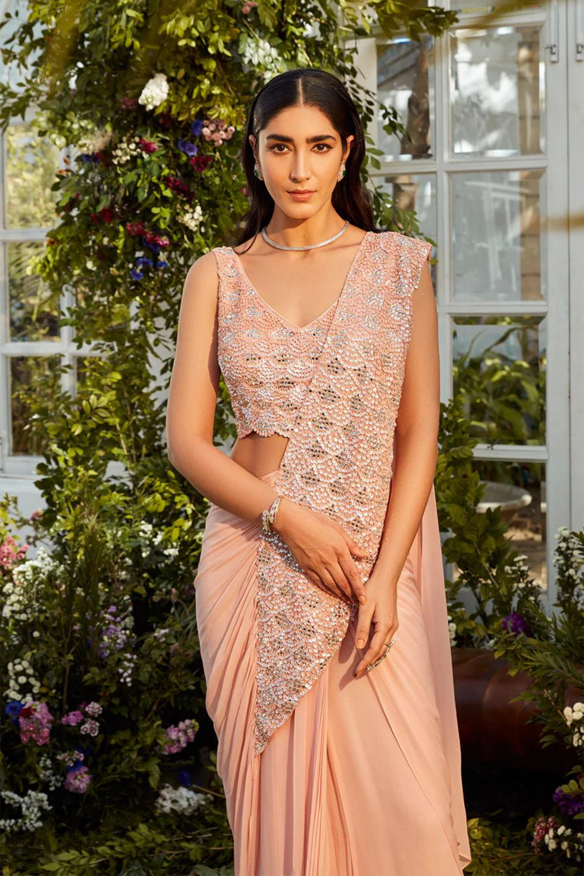 Peach pre draped saree