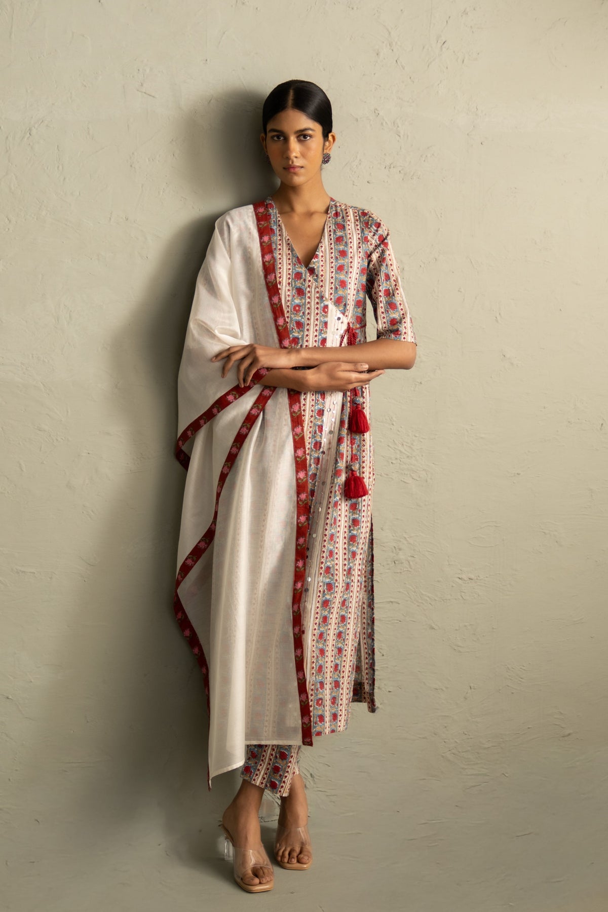 Cream Angrakha Straight Kurta Set