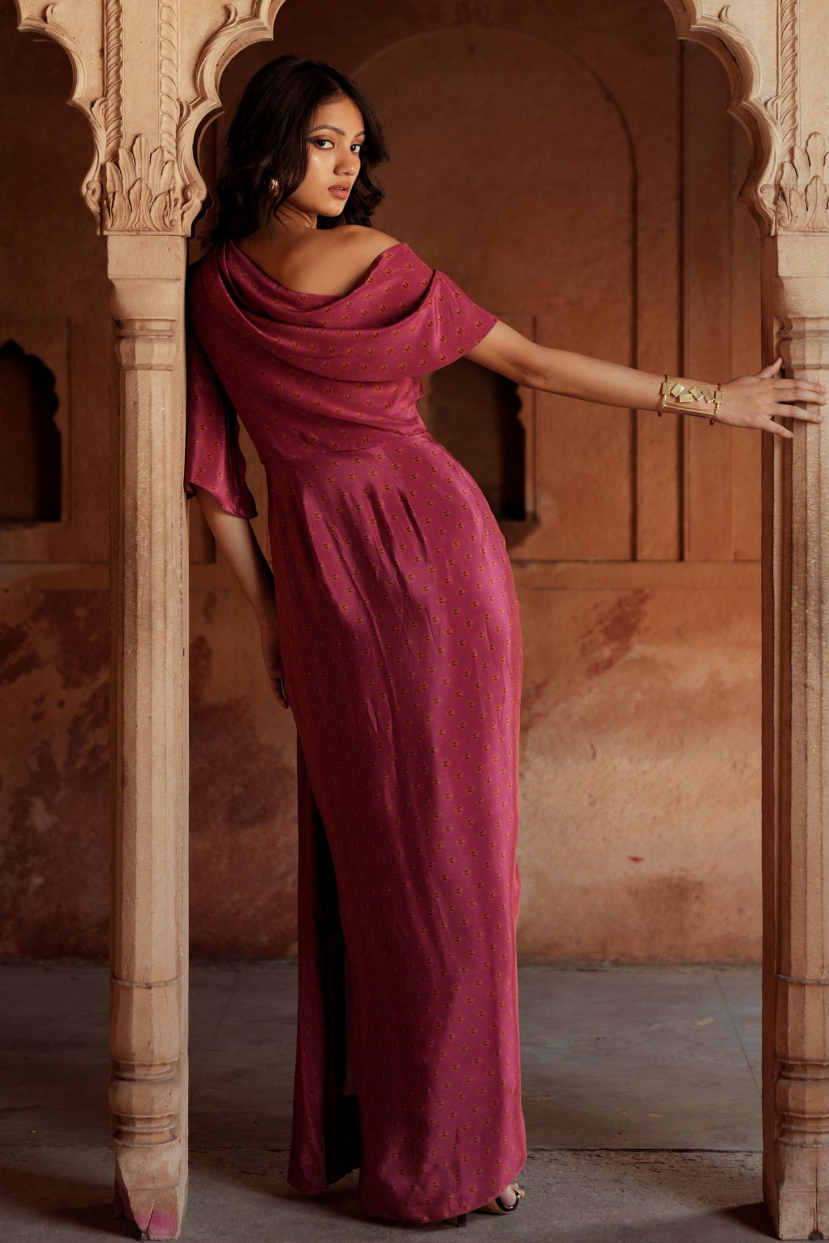 Mulberry Pink One Shoulder Drape Dress