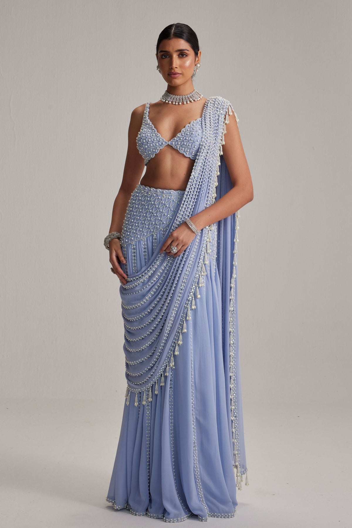 Dew Blue Embroidered Draped Saree Set