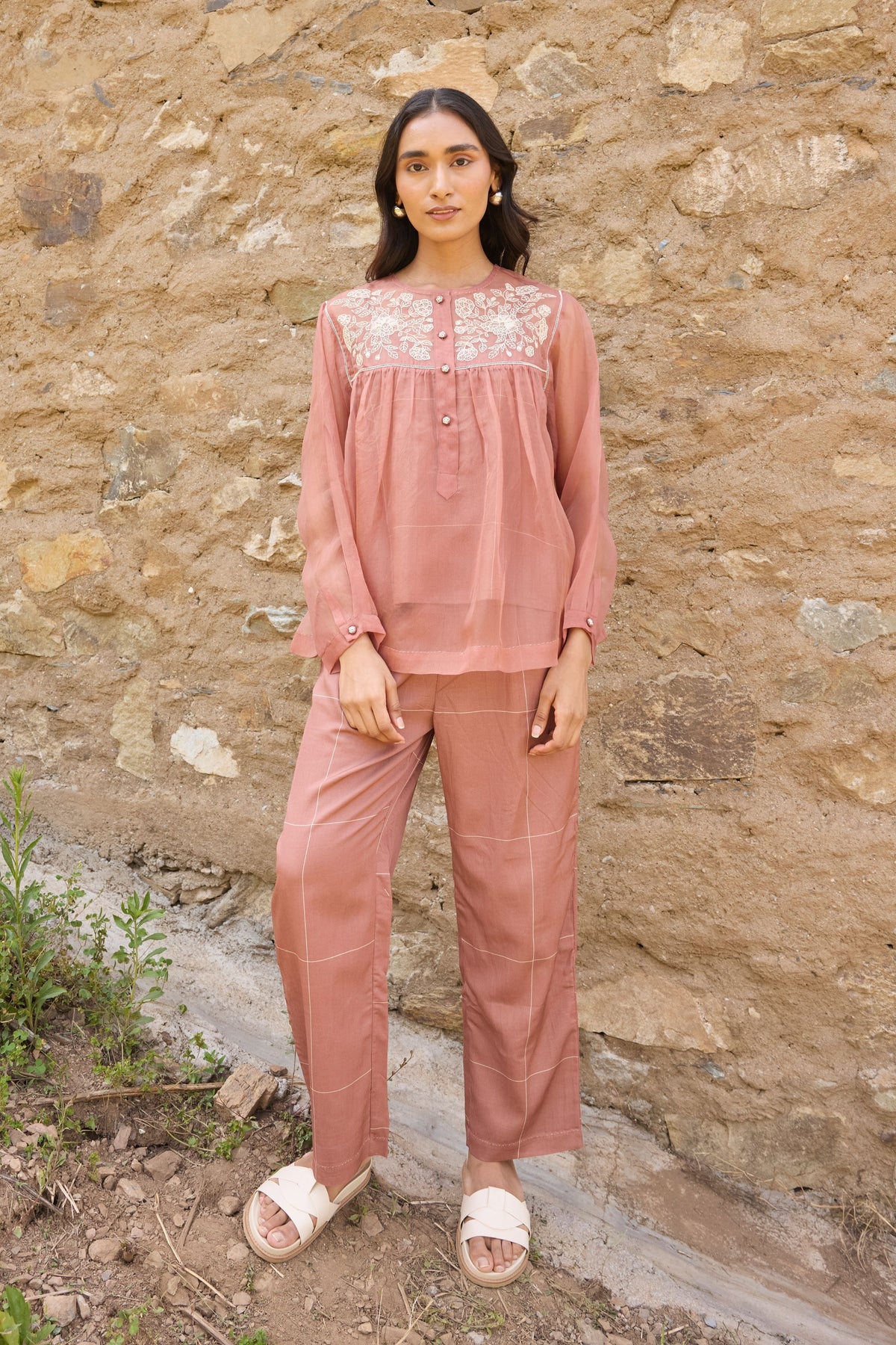 Sheer Brown Organza Yoke Top