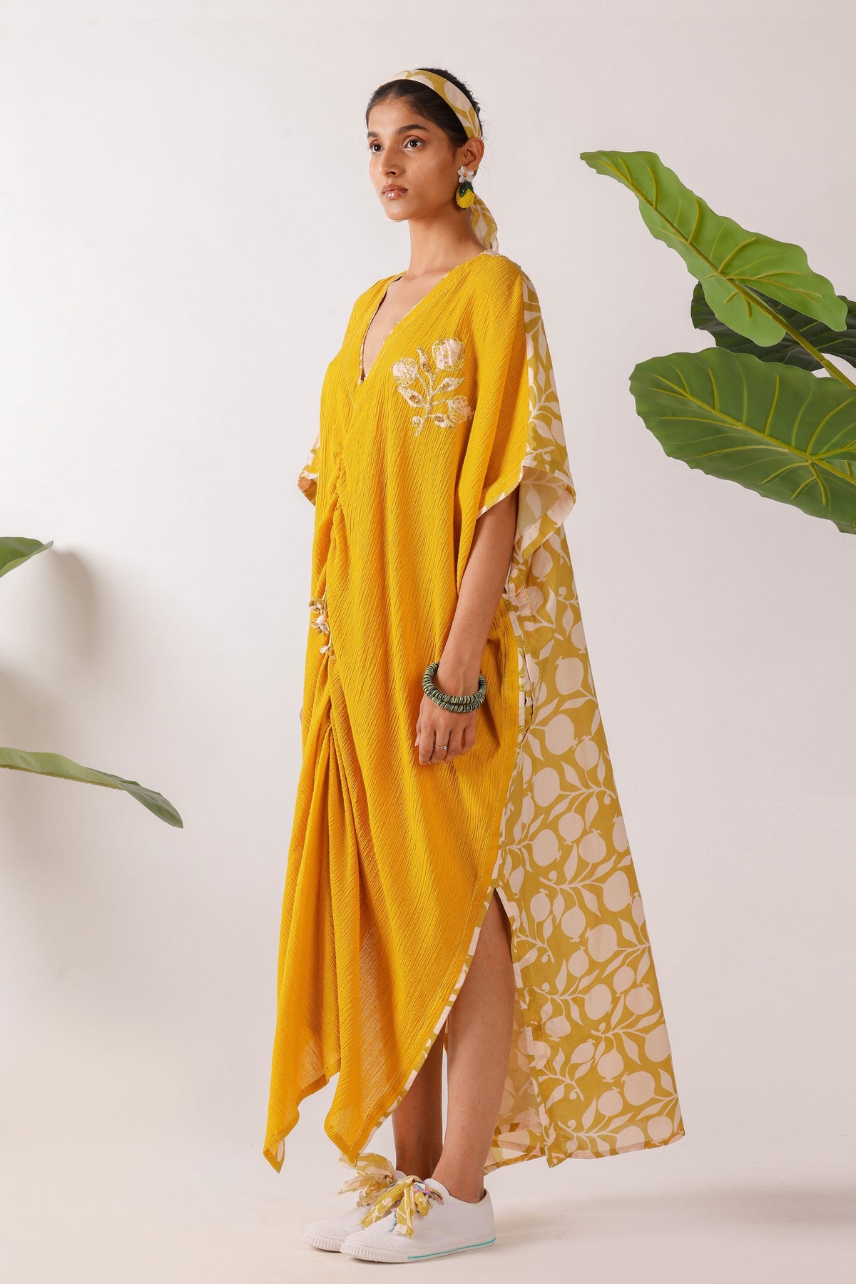 Olive Pomegranate Print Ruching Kaftan