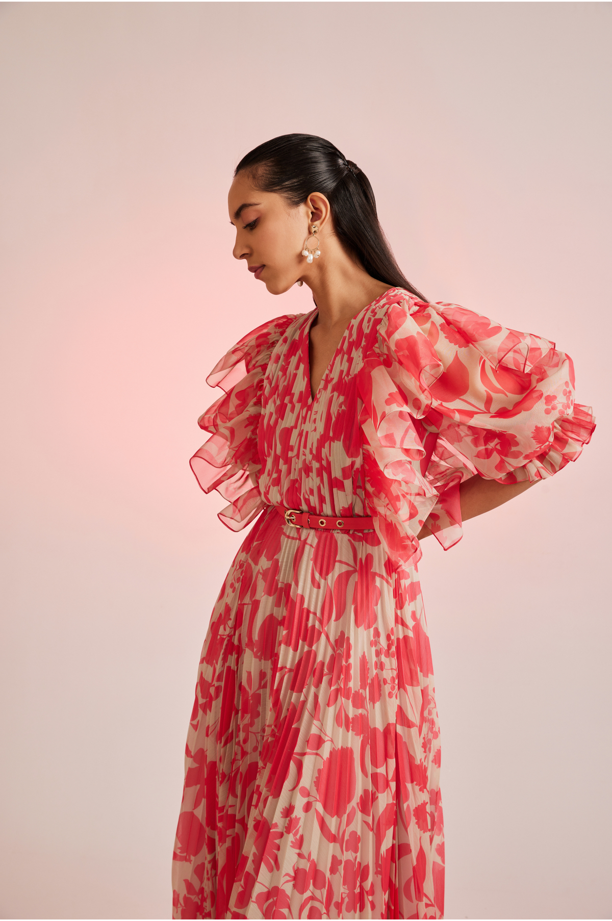 Coralie Pleated Maxi Dress With Ruffle Sleeves