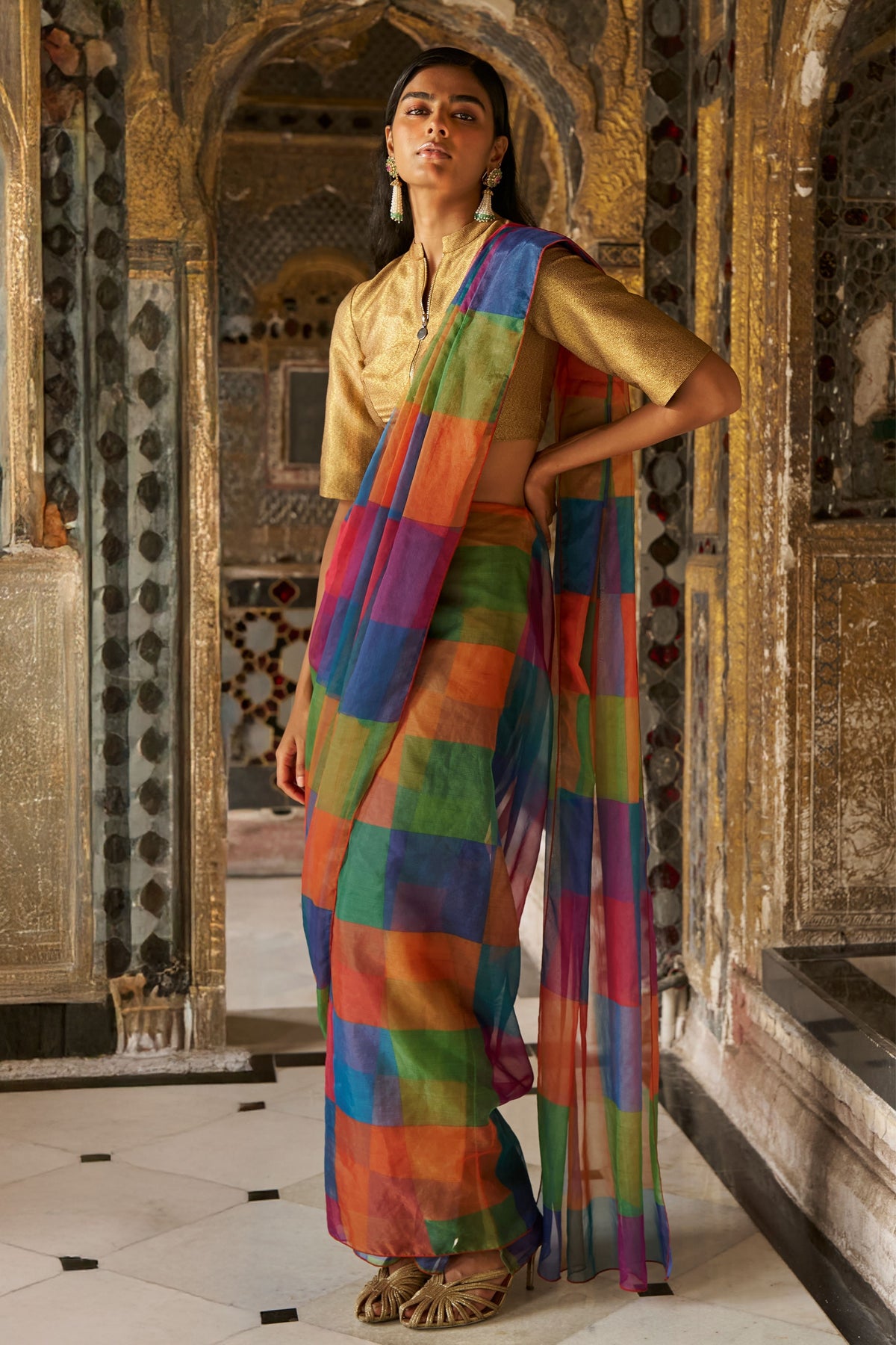Check Organza Sari Drape