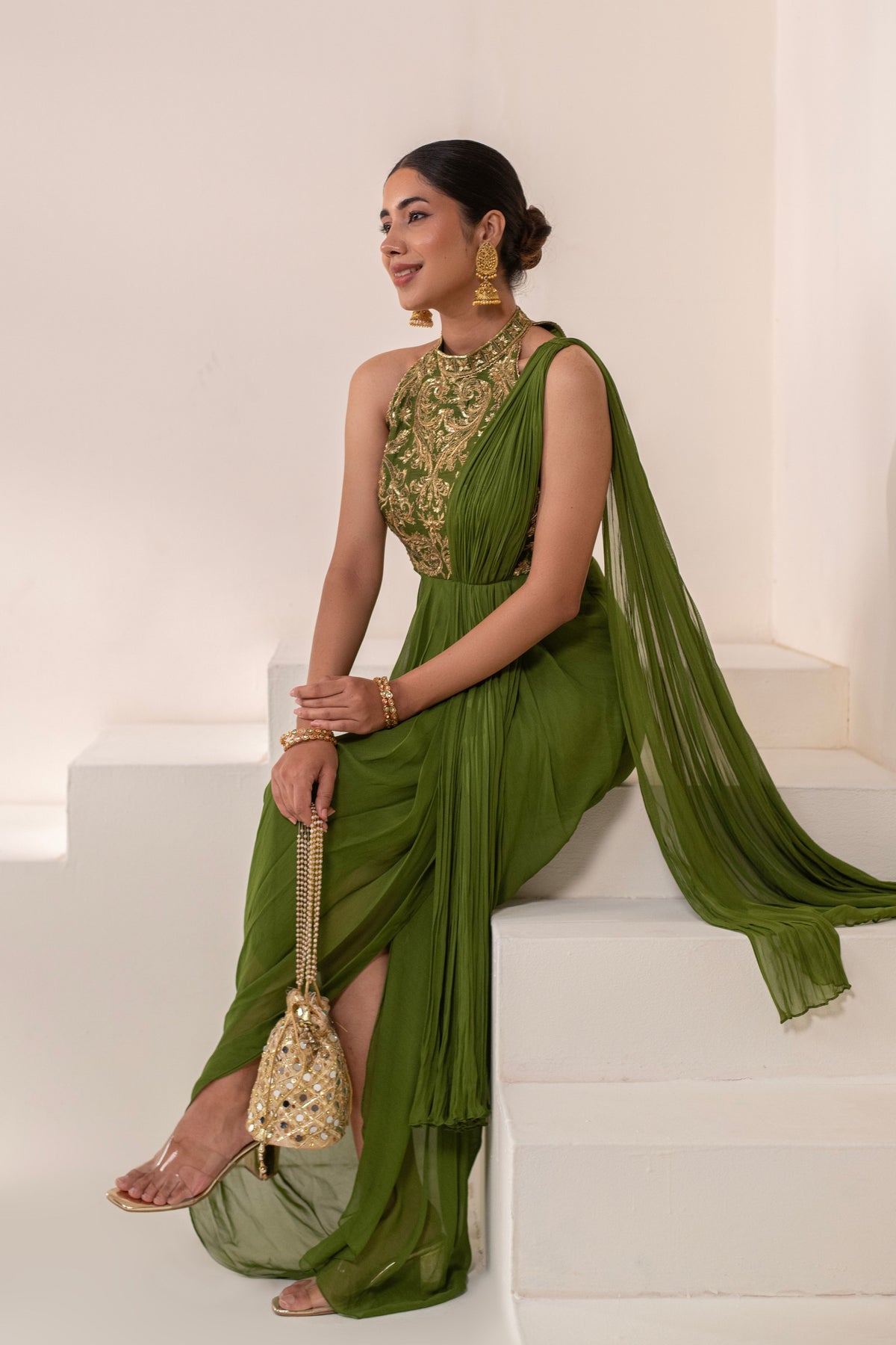 Olive Green  Embellished  Drape Saree