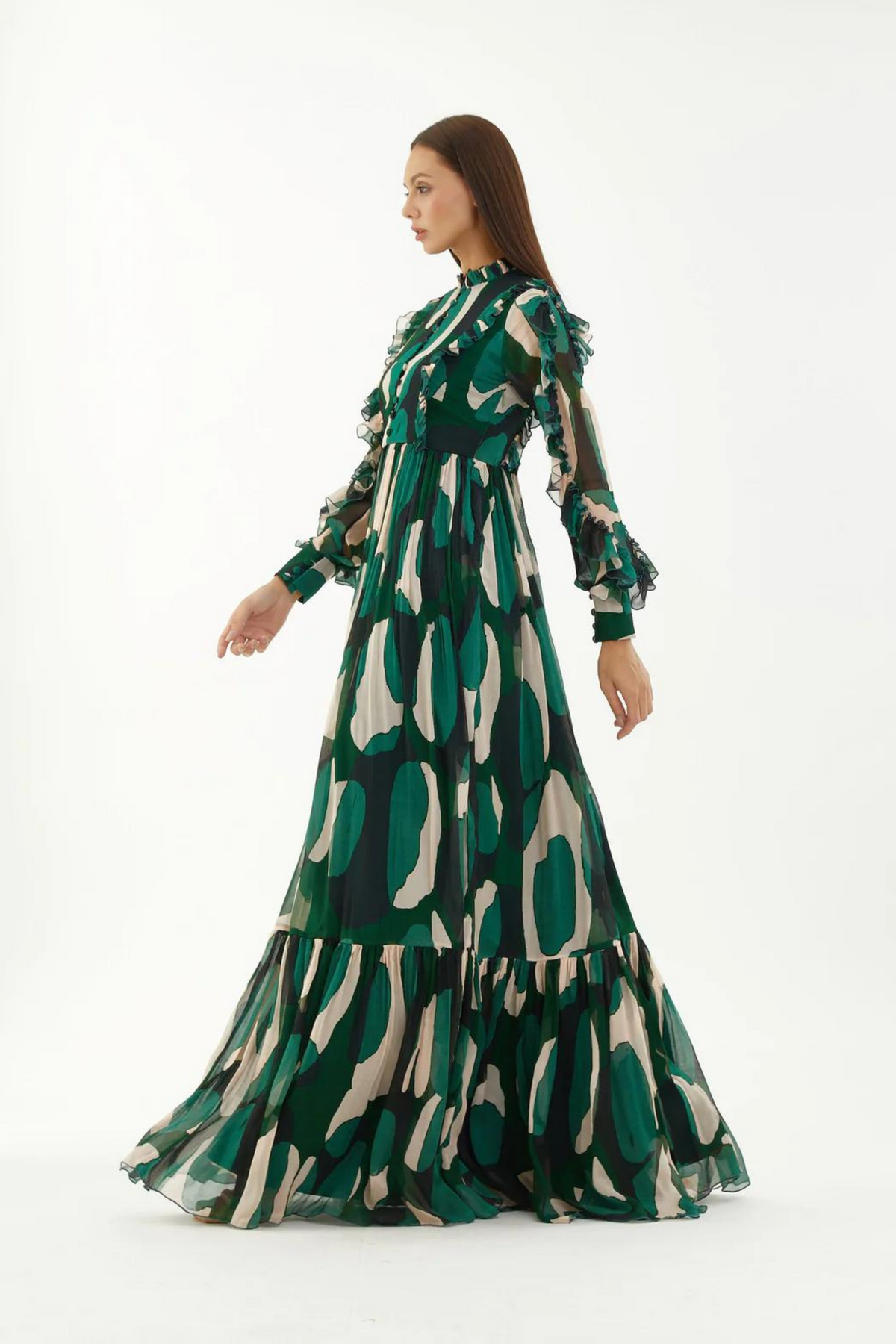 Green, Black And Off-white Abstract Frill Long Dress