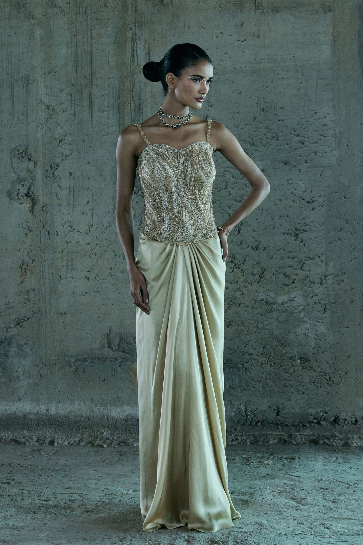 Beige Embellished Corset With Skirt