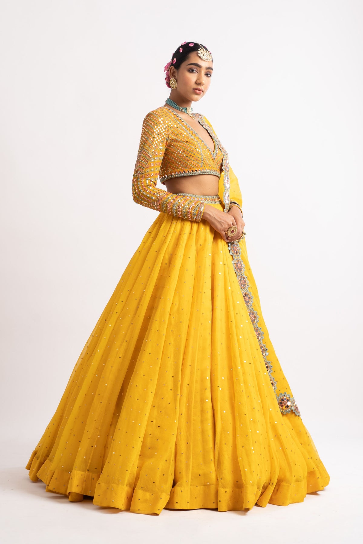 Yellow silk organza lehenga