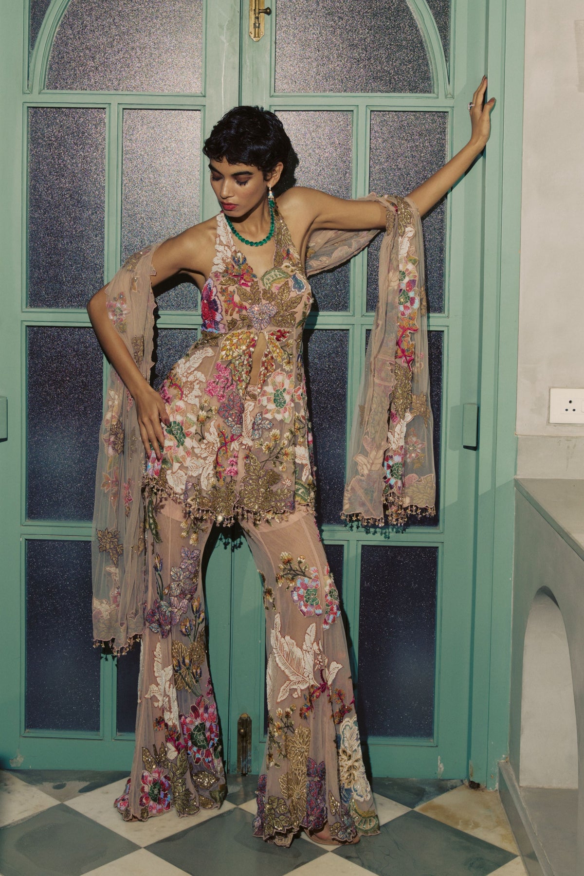 Peach Patchwork Peplum Sharara Set