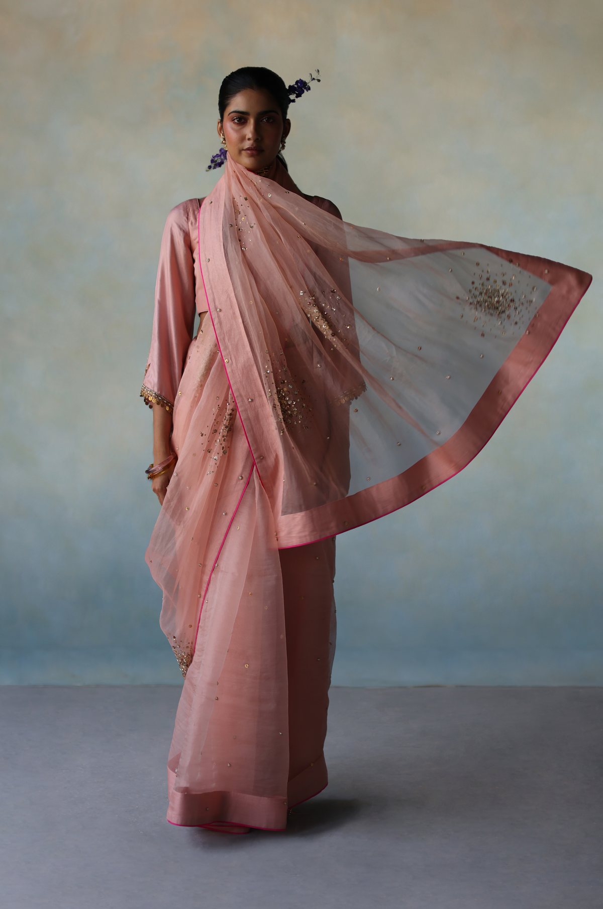 Gul Hot Pink Sequin Flower Sari