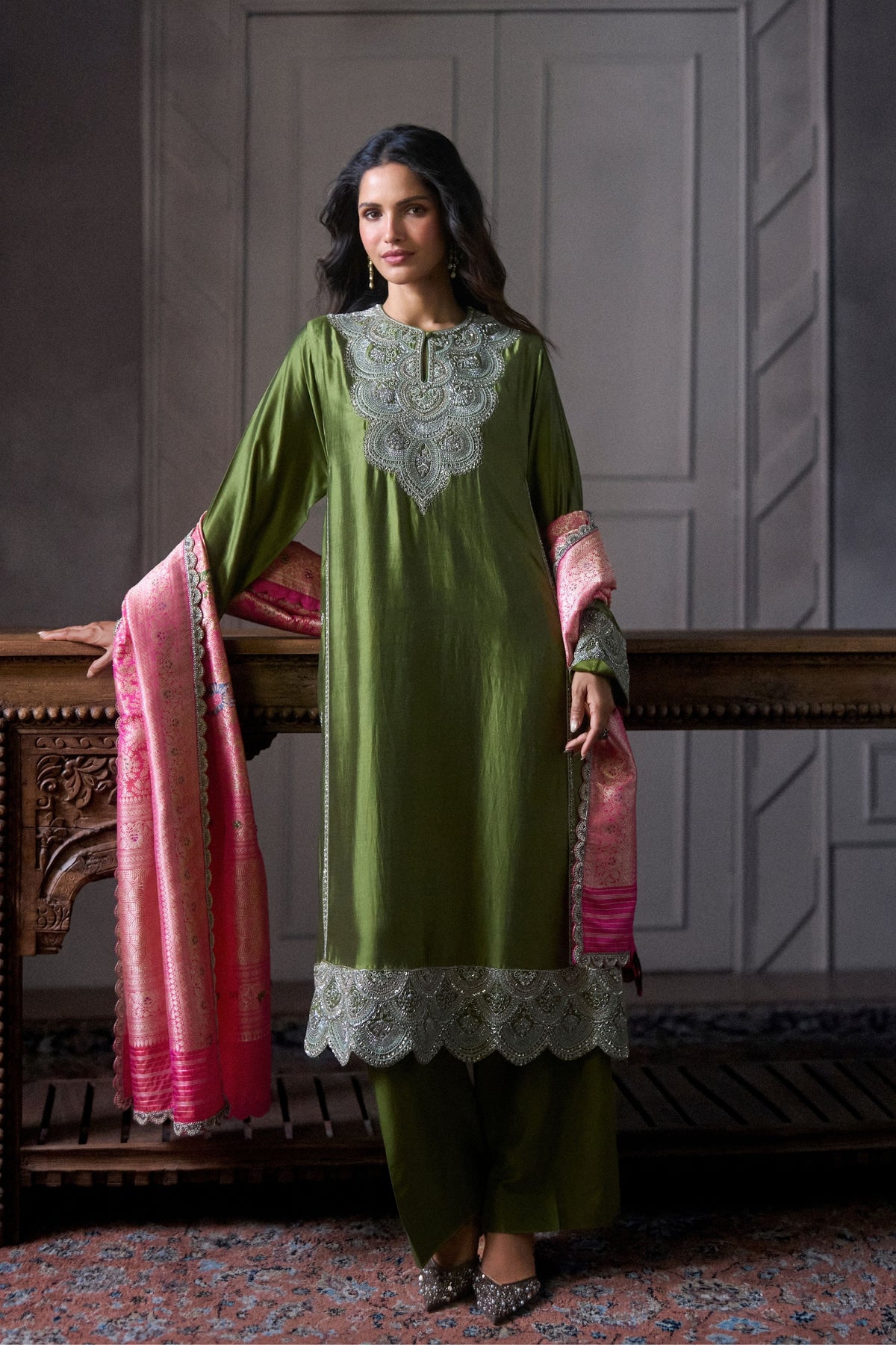 Olive Green Embroidered Kurta Set