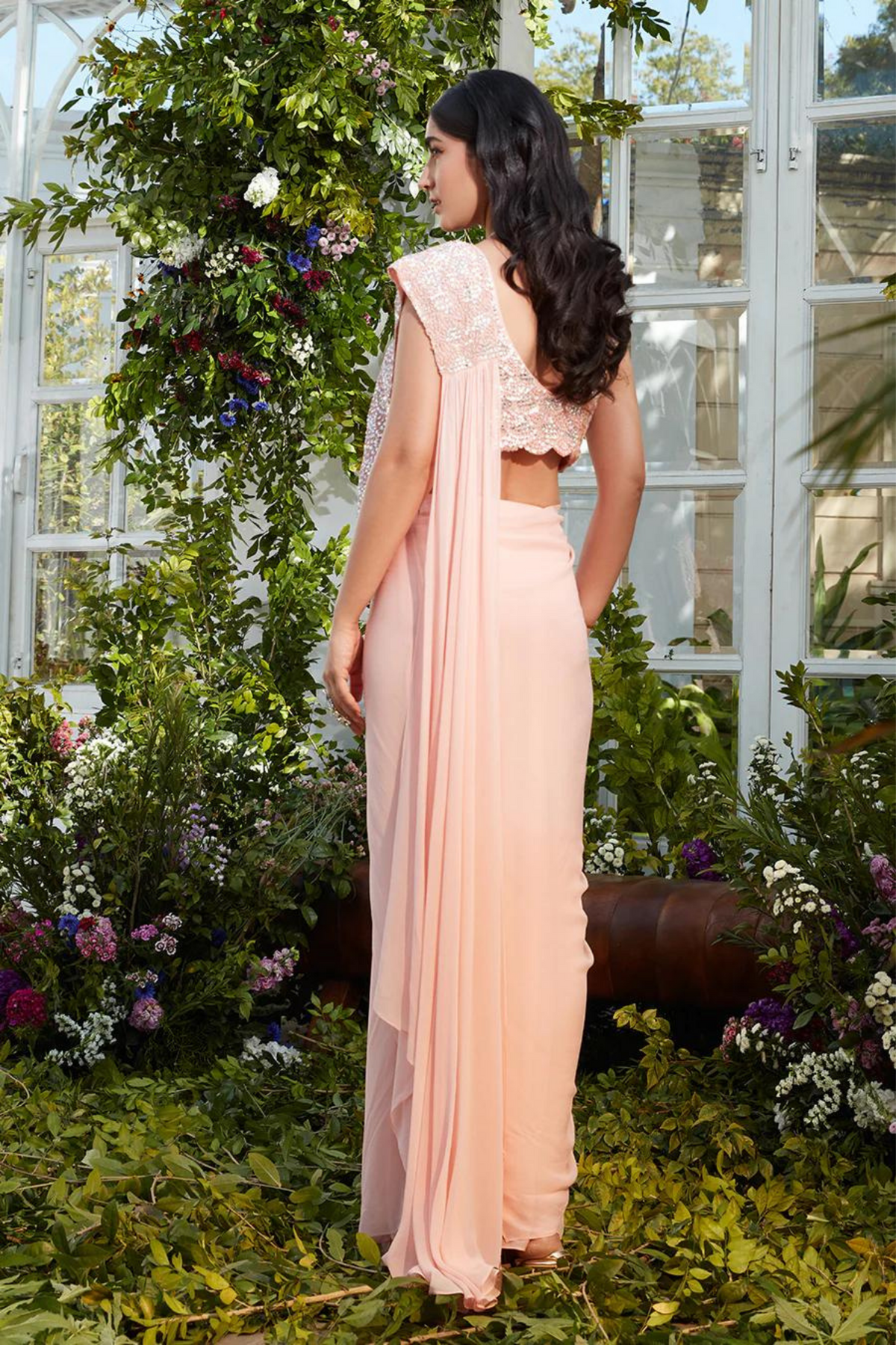 Peach pre draped saree