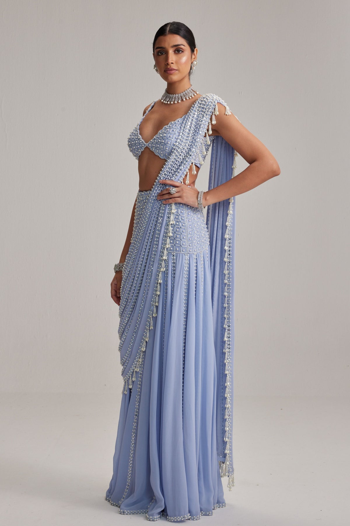 Dew Blue Embroidered Draped Saree Set