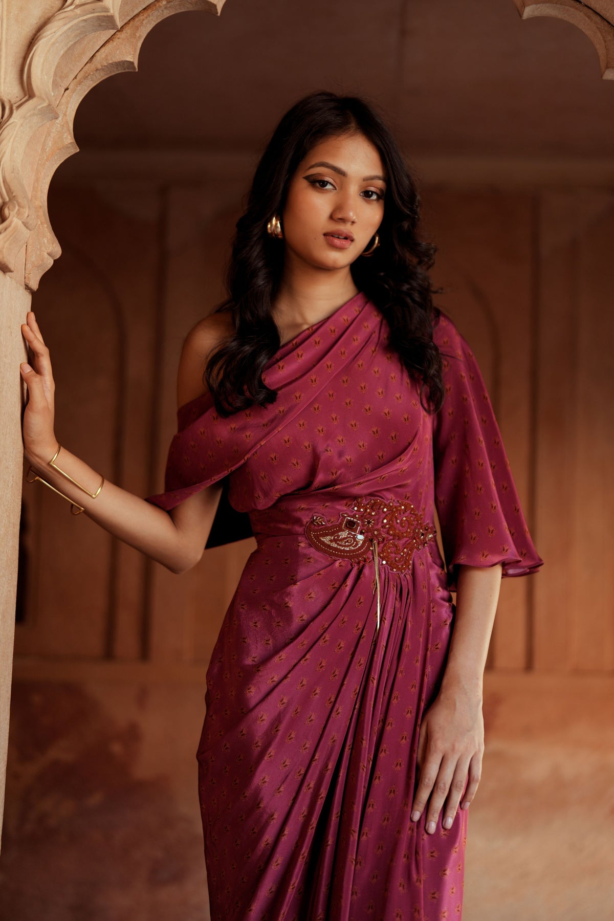 Mulberry Pink One Shoulder Drape Dress