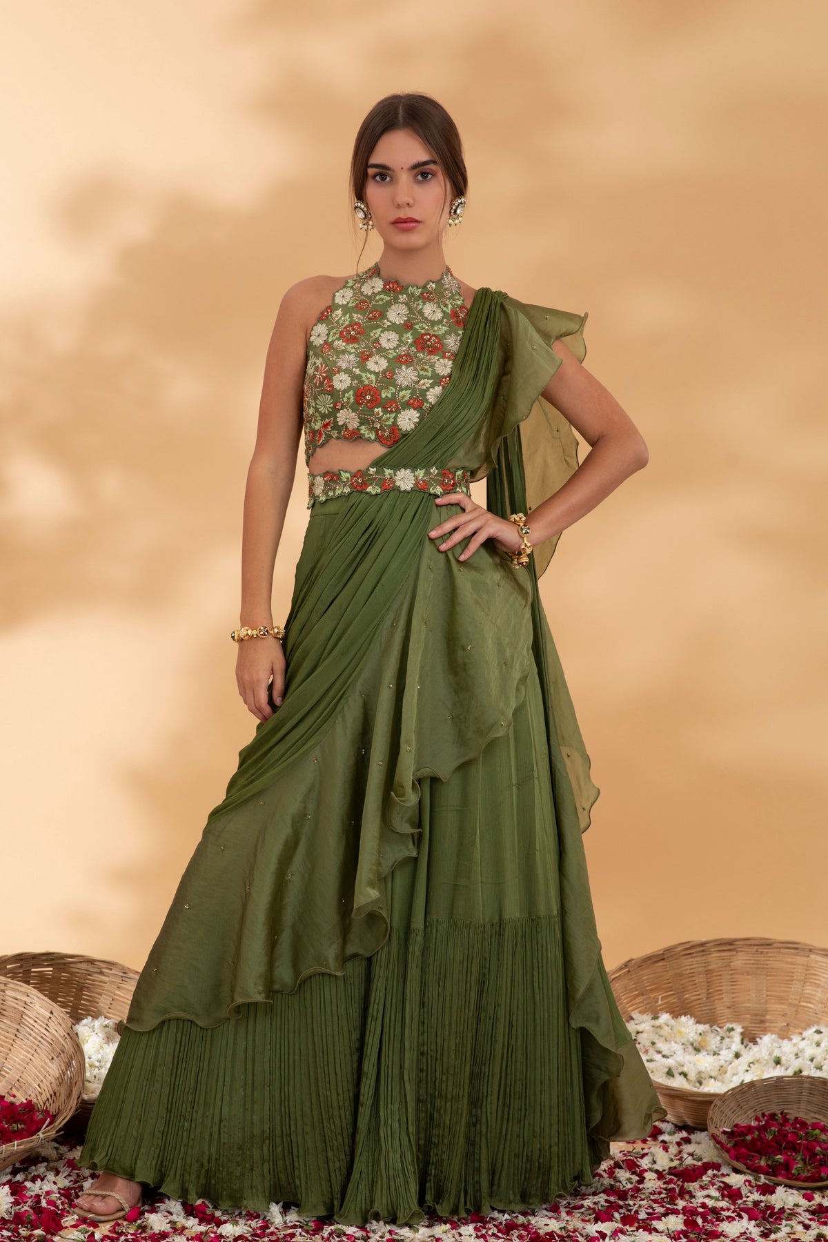 Juniper Green Pre Draped Saree Set