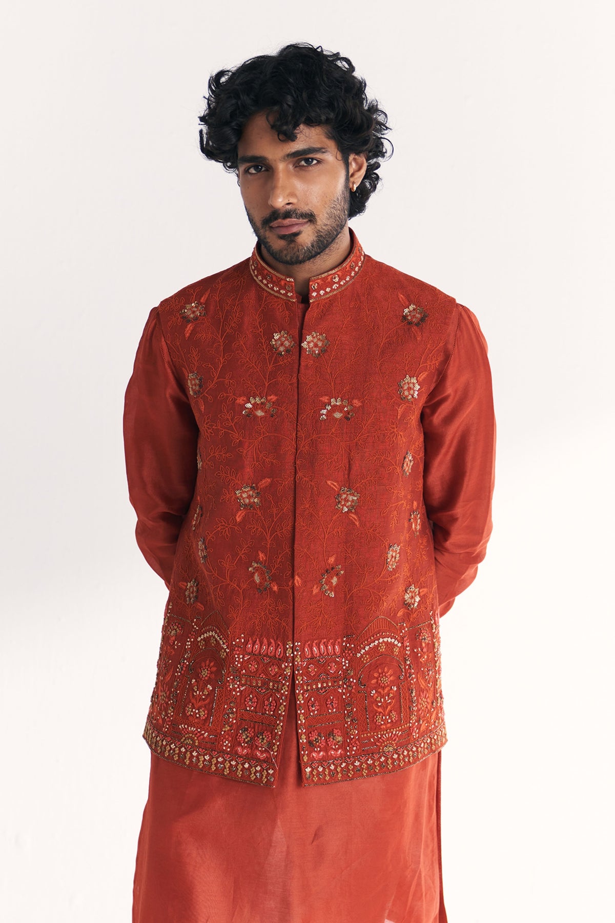 Shamsi Rust Nehru Jacket Set