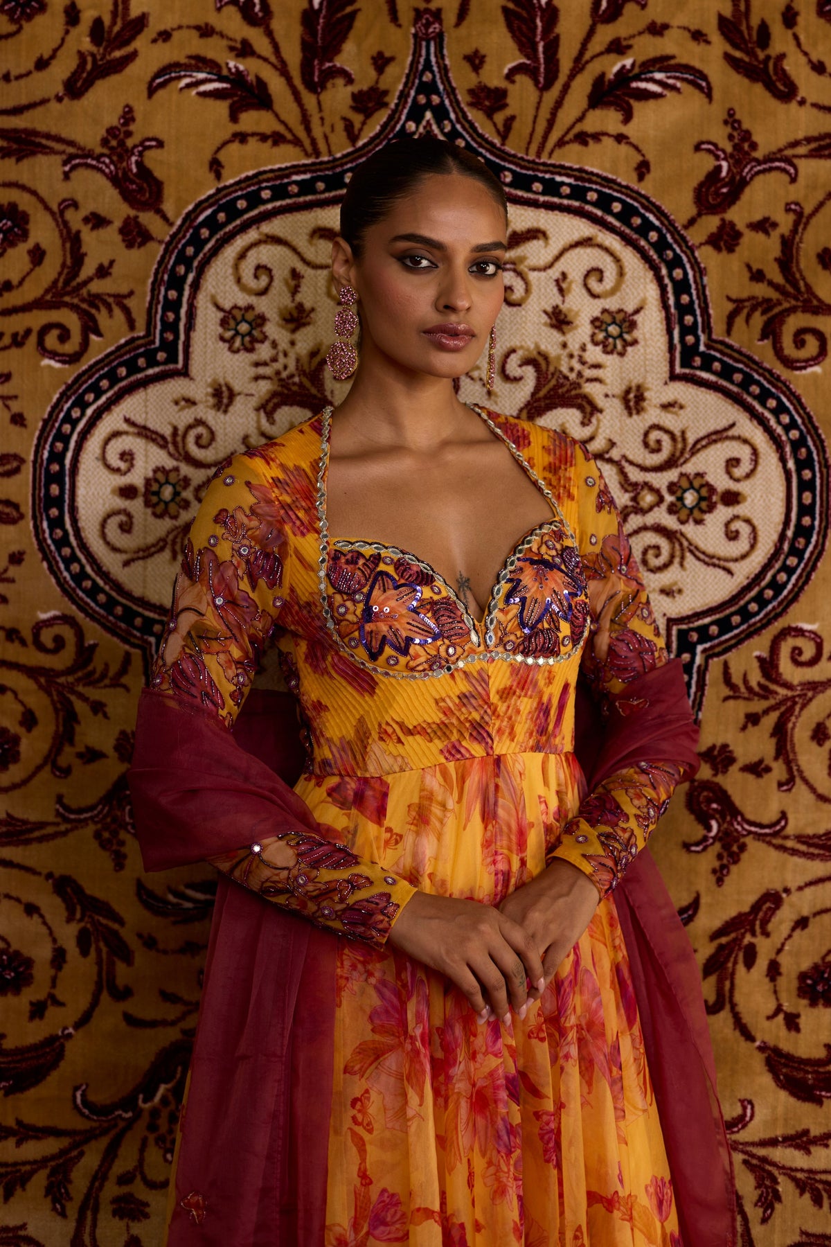 Yellow Floral Organza Anarkali Set